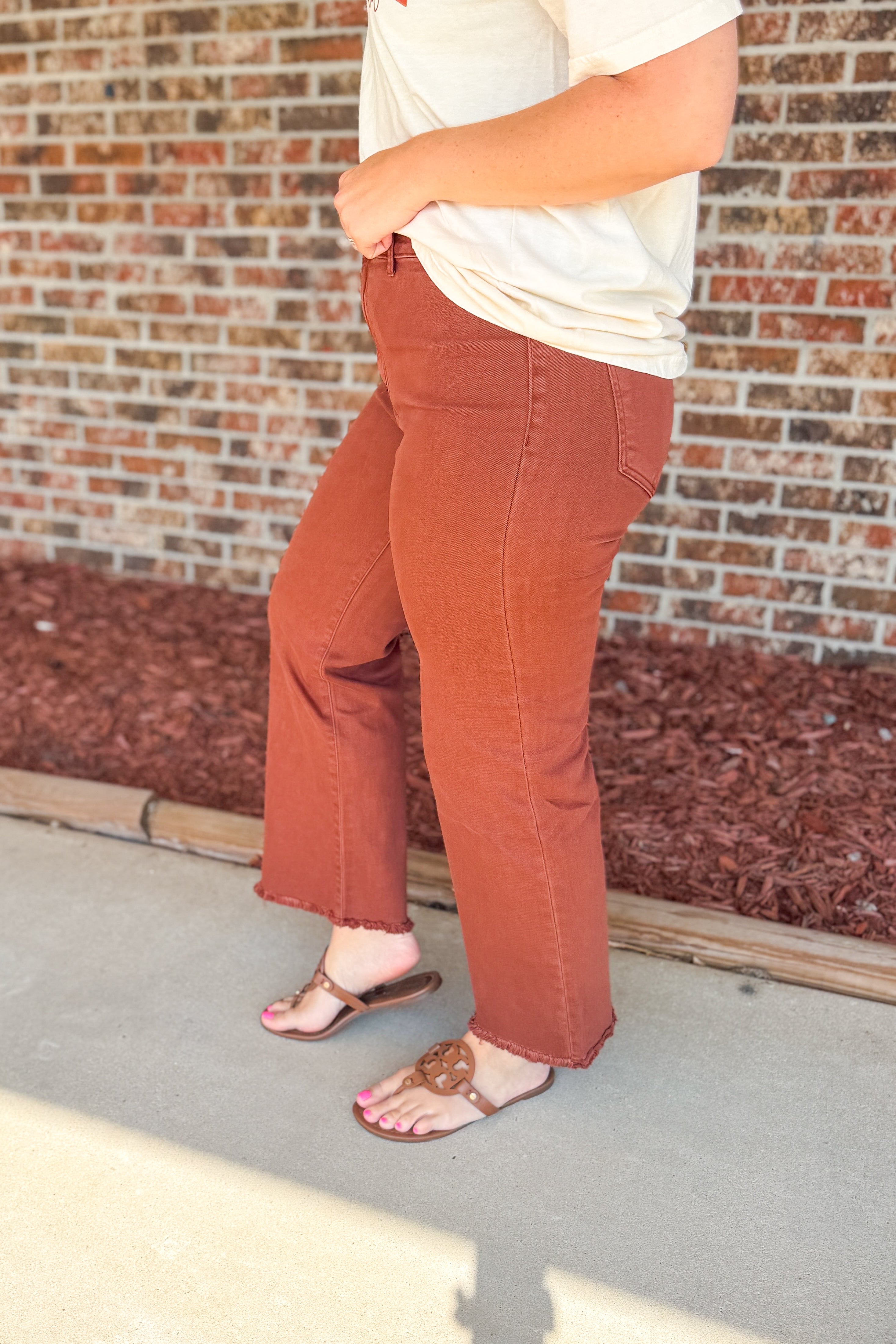 Zenana Frayed Hem Colored Denim Pants, Dark Rust