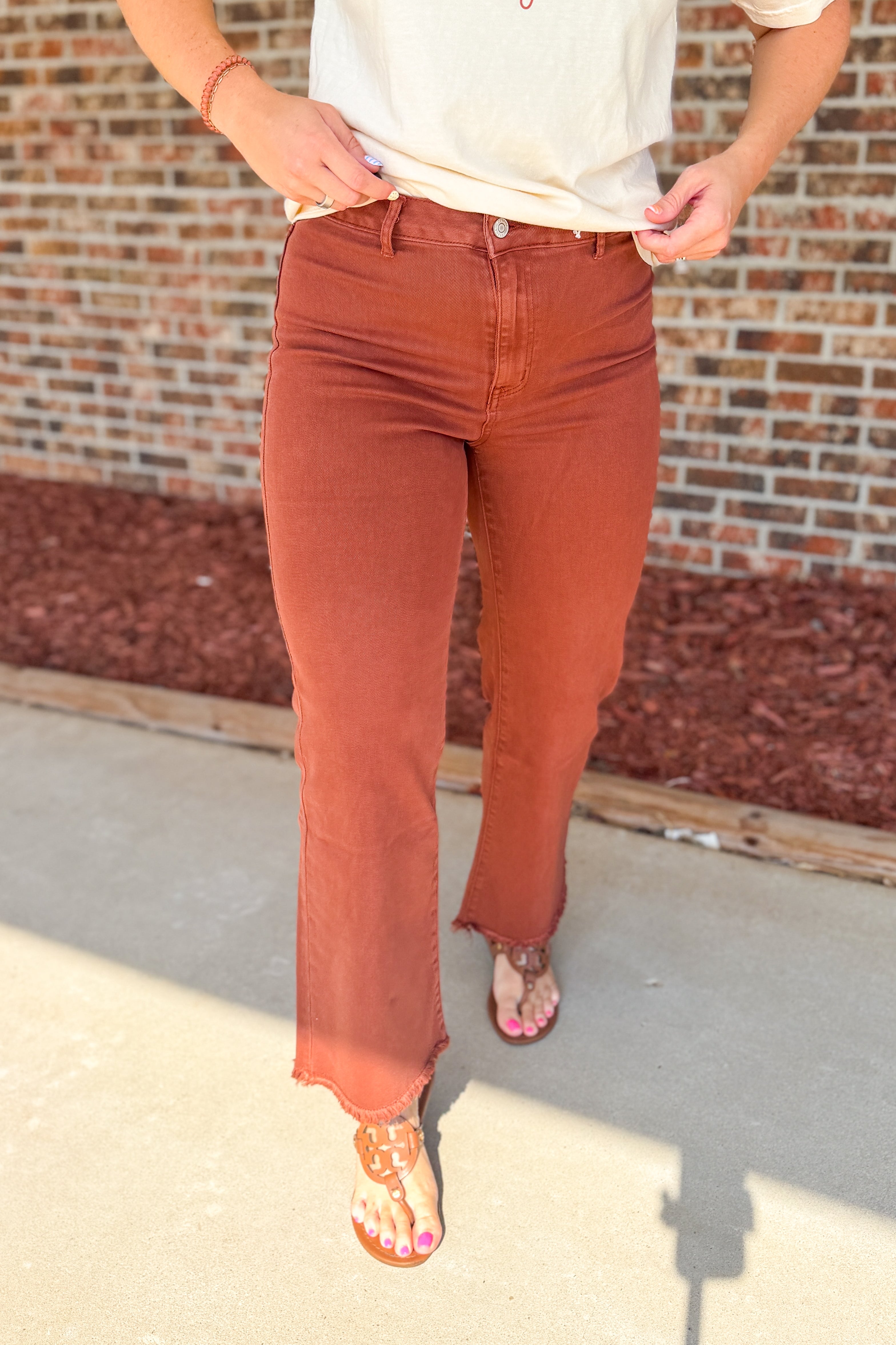 Zenana Frayed Hem Colored Denim Pants, Dark Rust