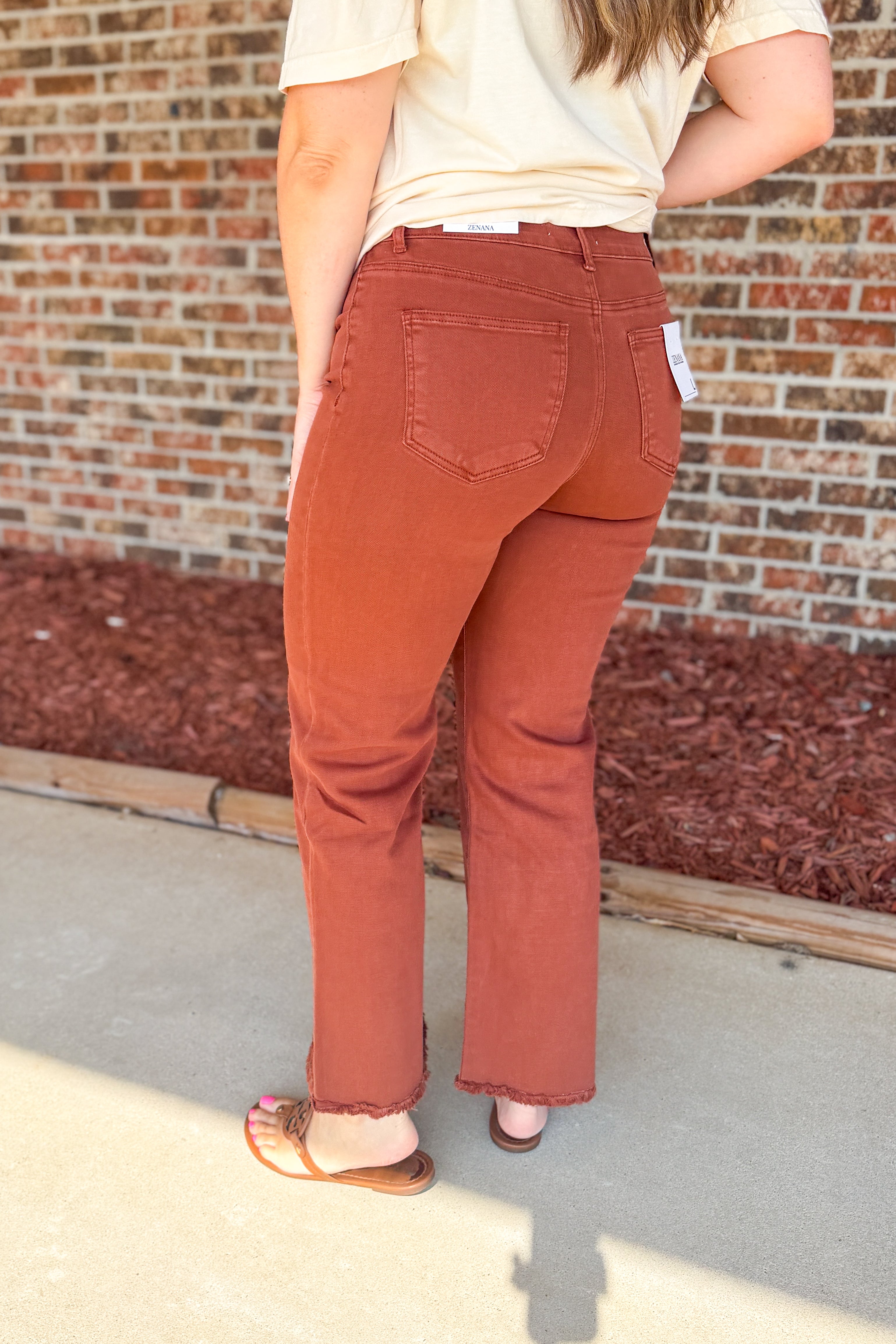 Zenana Frayed Hem Colored Denim Pants, Dark Rust