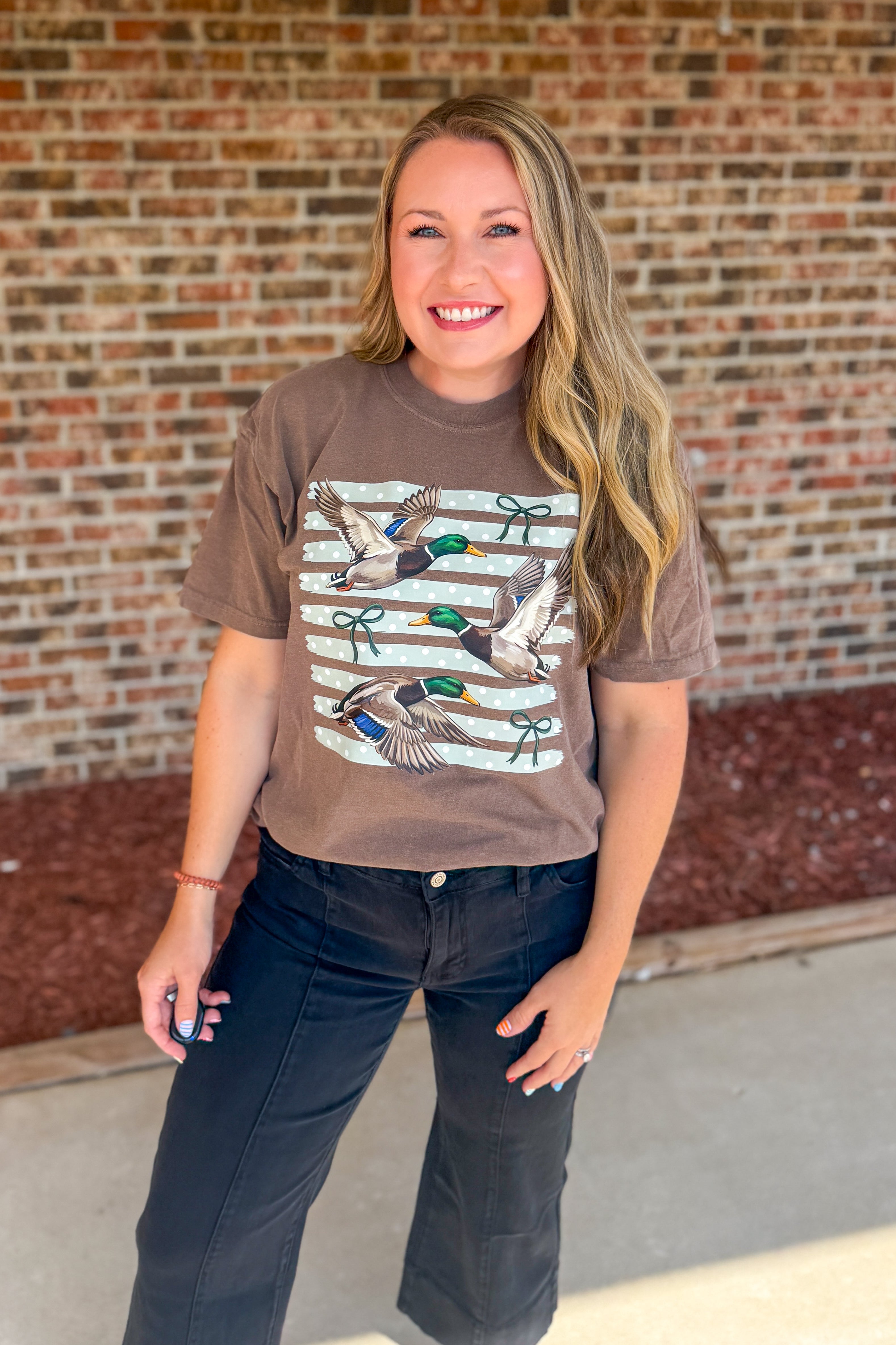 Striped Coquette Vintage Ducks Graphic Tee, Espresso
