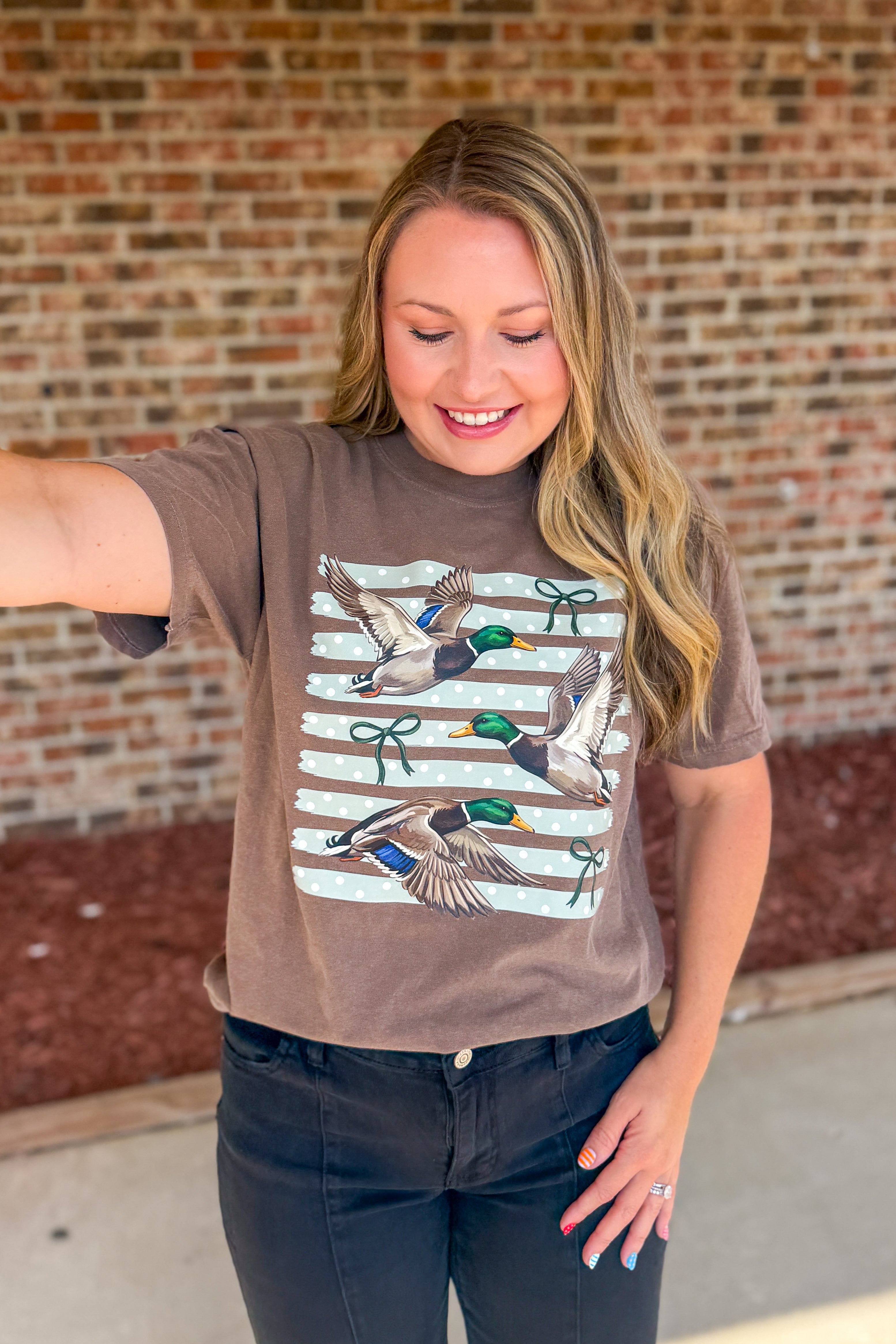 Striped Coquette Vintage Ducks Graphic Tee, Espresso