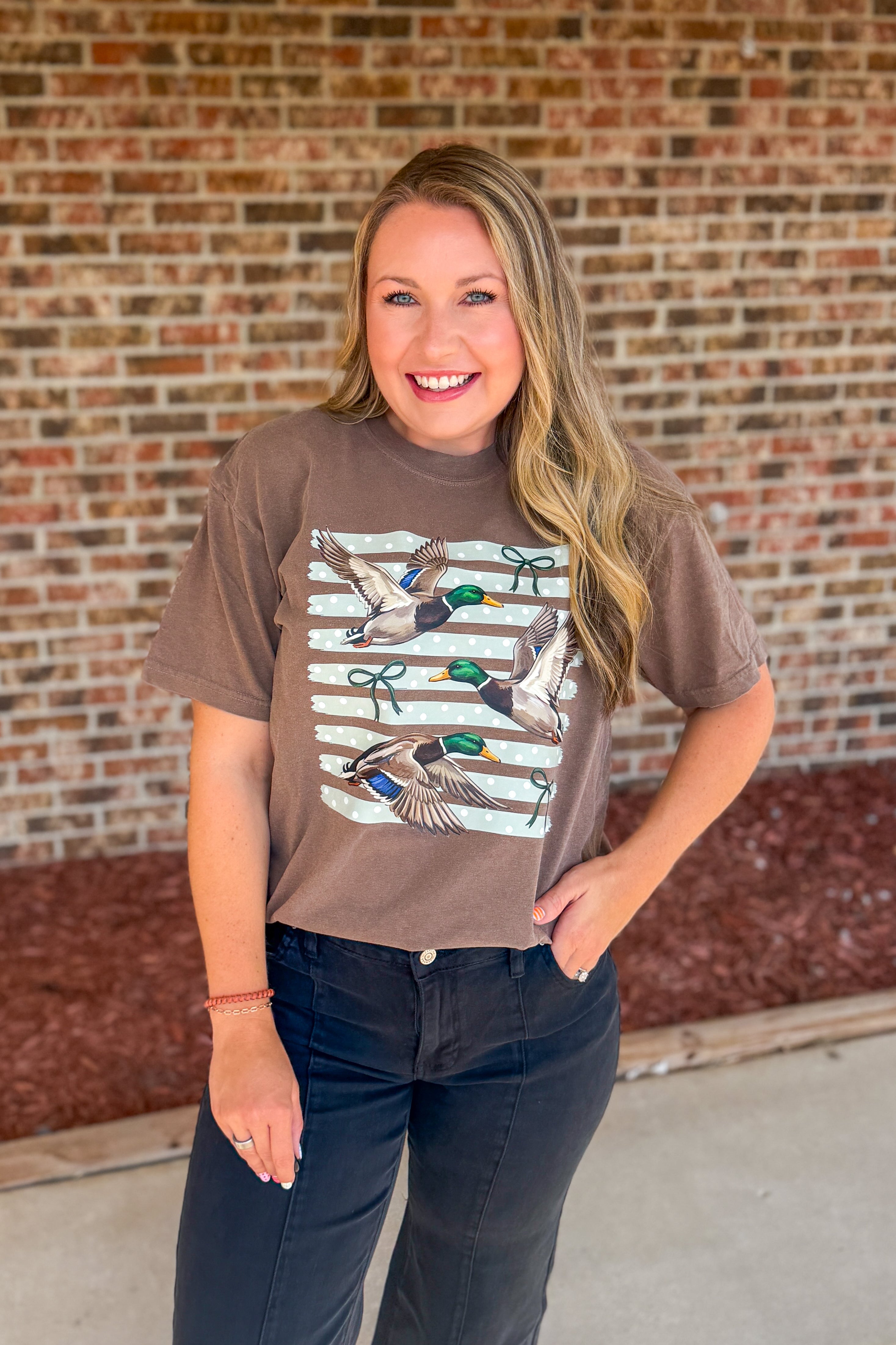 Striped Coquette Vintage Ducks Graphic Tee, Espresso