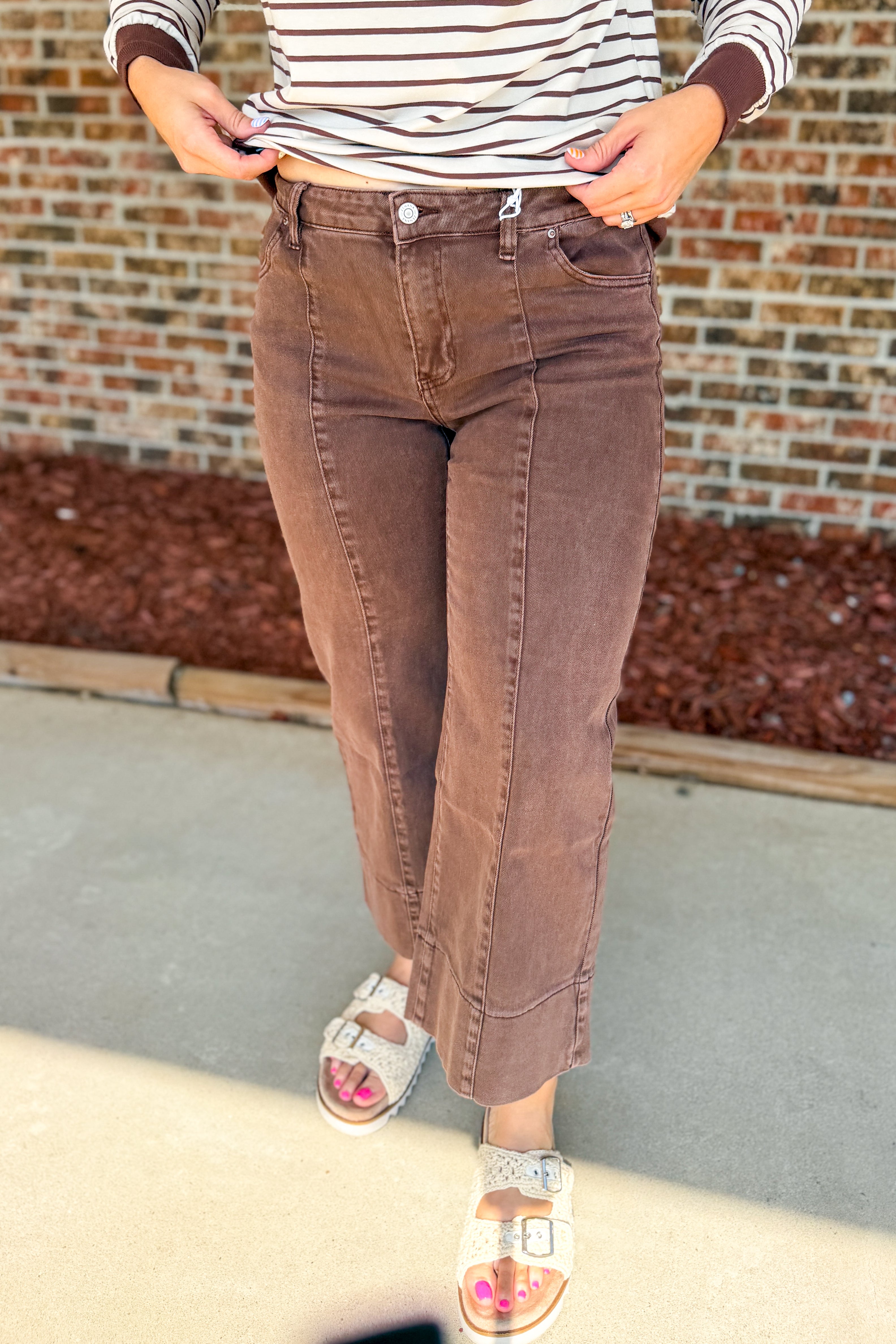 Zenana Mid Rise Wide Leg Color Denim Pants, Brown