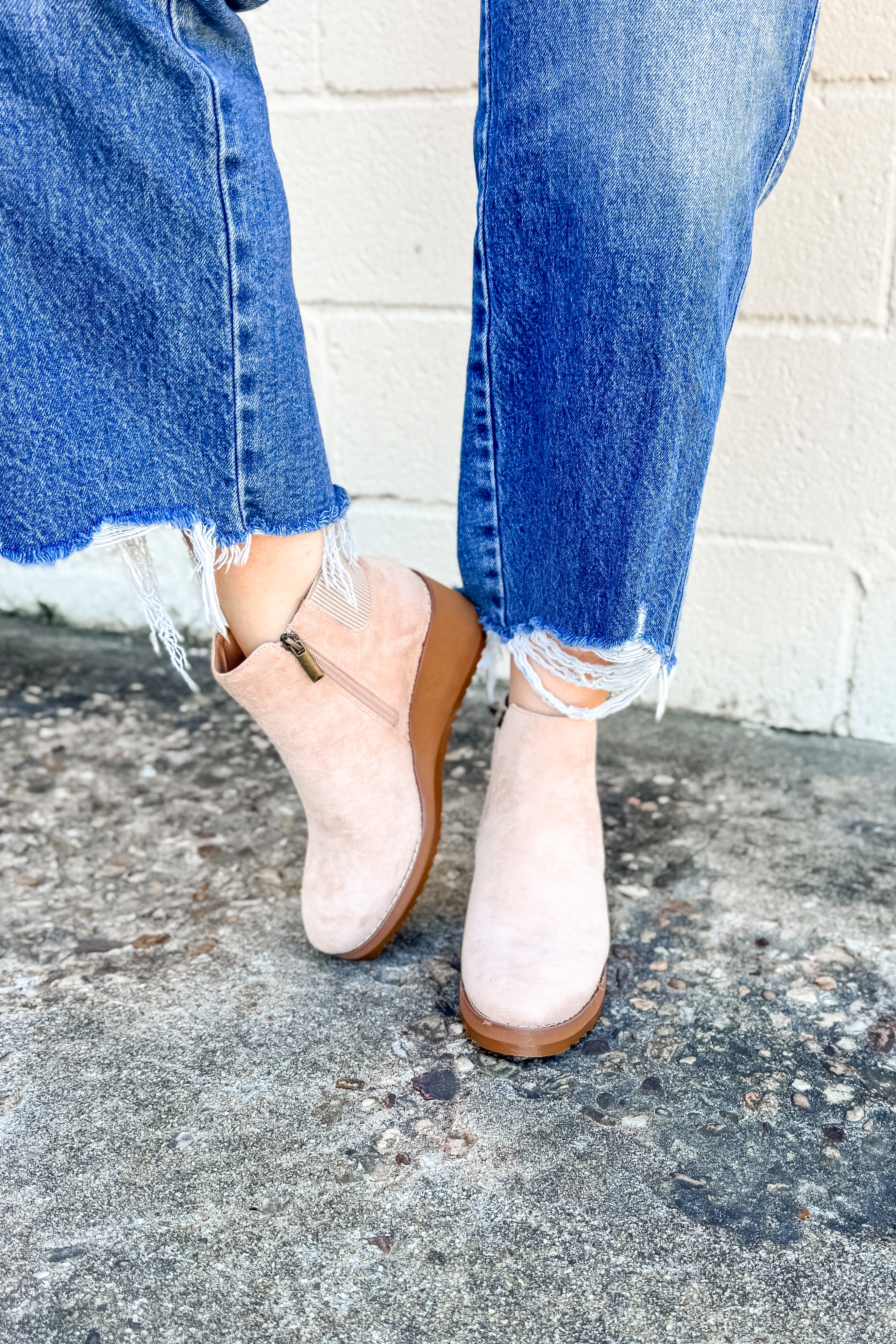Corkys Apple Sauced Wedge Booties, Sand Faux Suede