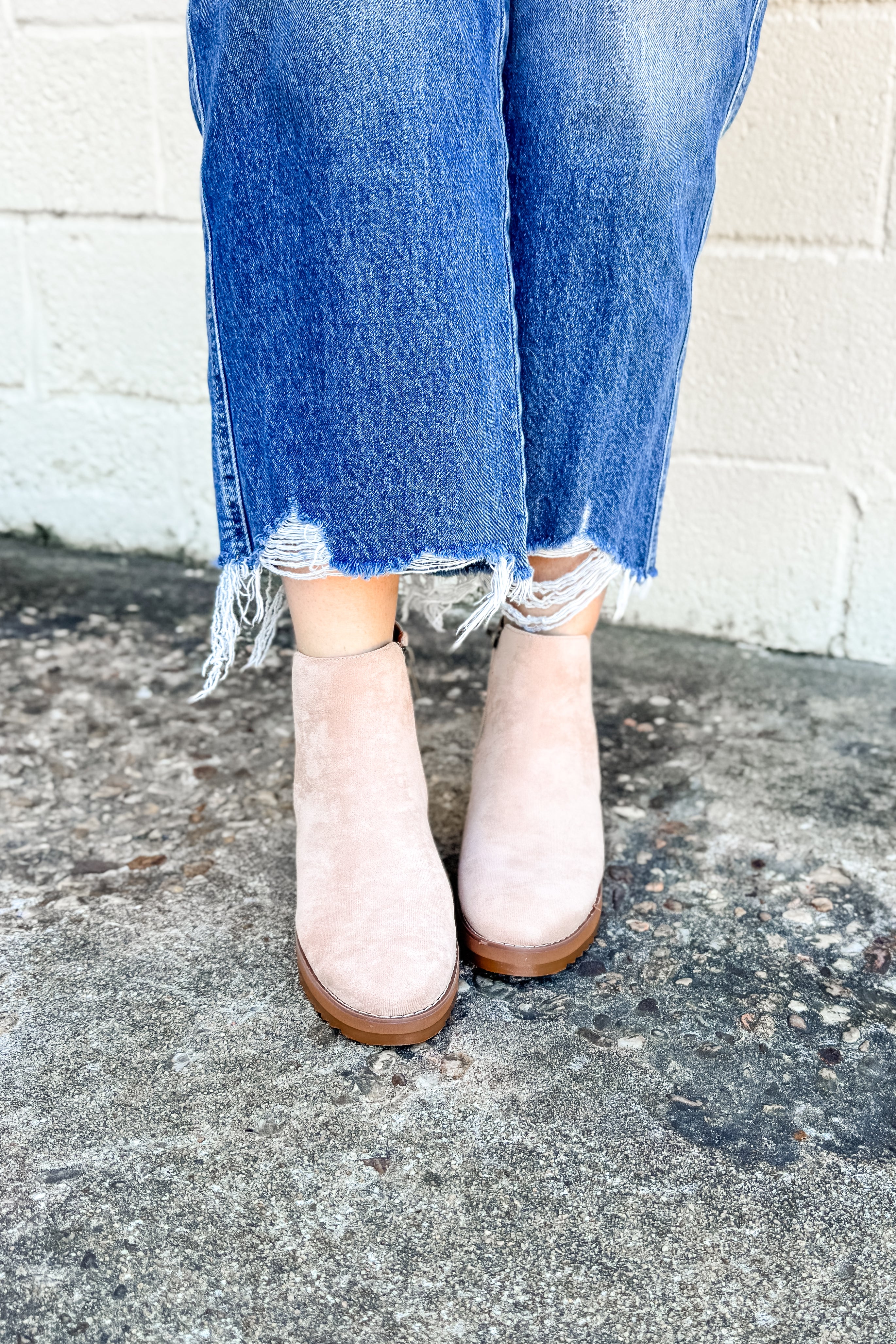 Corkys Apple Sauced Wedge Booties, Sand Faux Suede