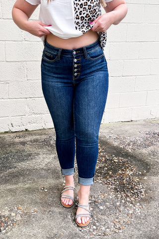 RESTOCK | Judy Blue Keegan High Rise Button Fly Skinny Jeans, Dark Wash