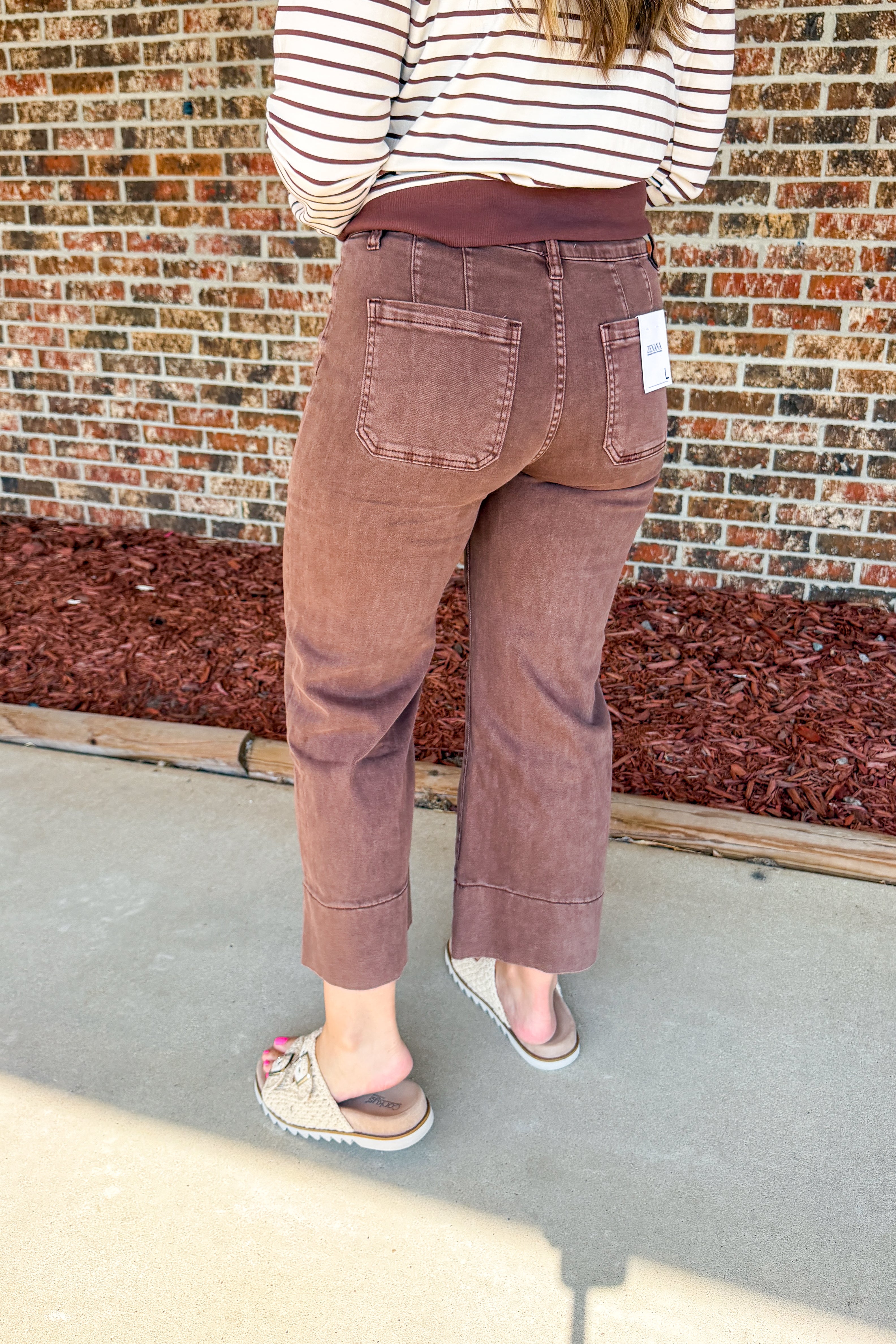Zenana Mid Rise Wide Leg Color Denim Pants, Brown