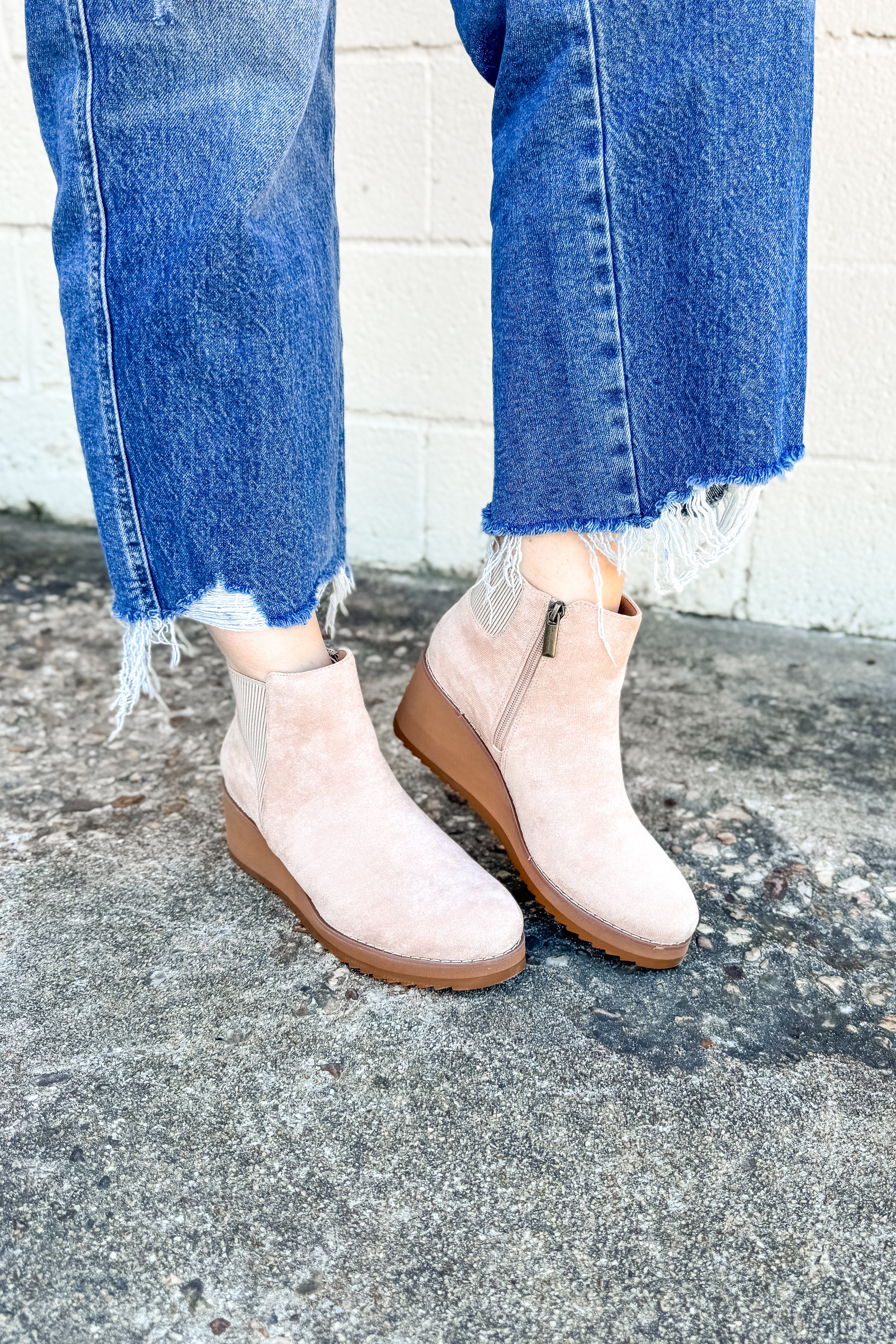 Corkys Apple Sauced Wedge Booties, Sand Faux Suede