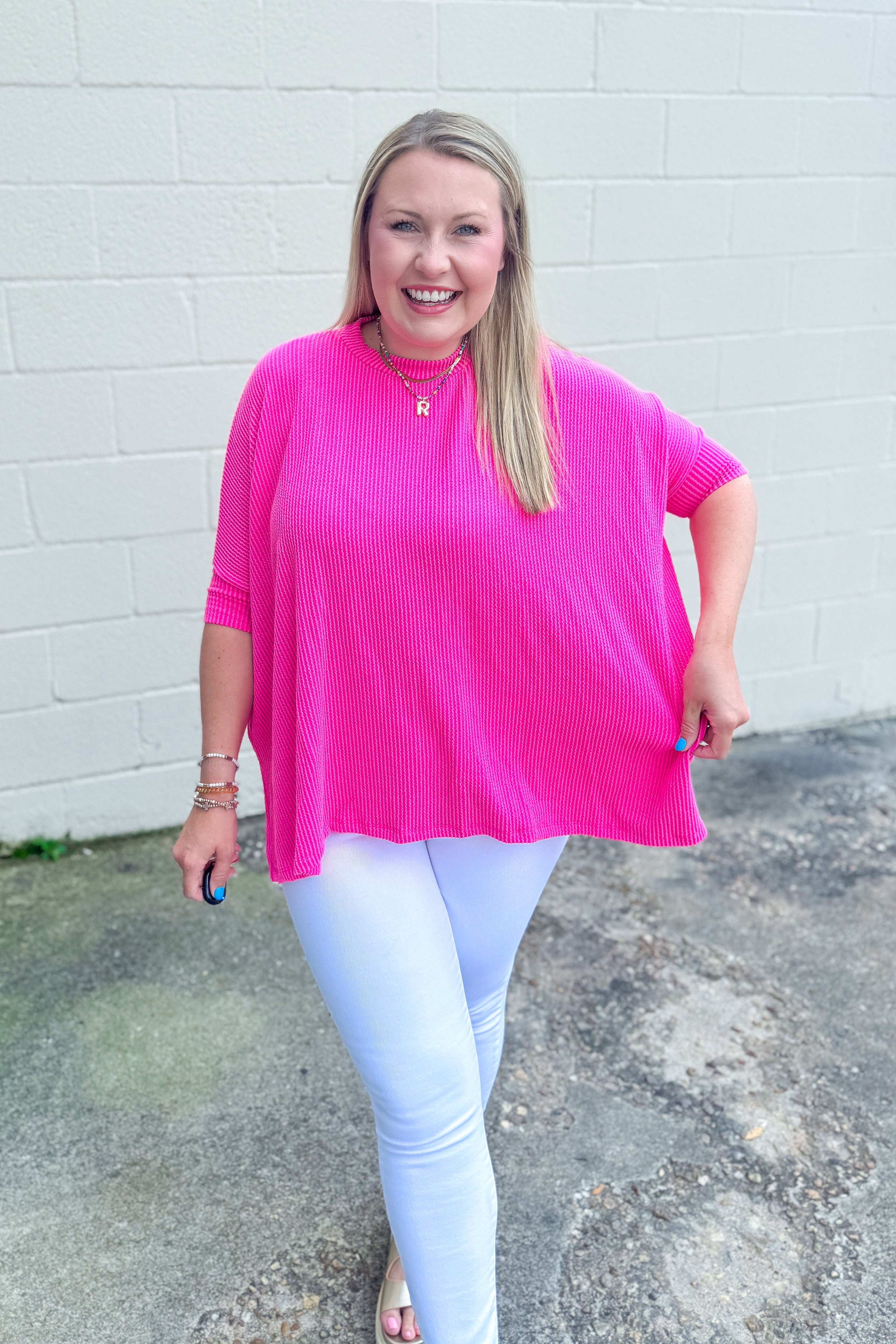 Tatum Ribbed Oversized Top, Hot Pink