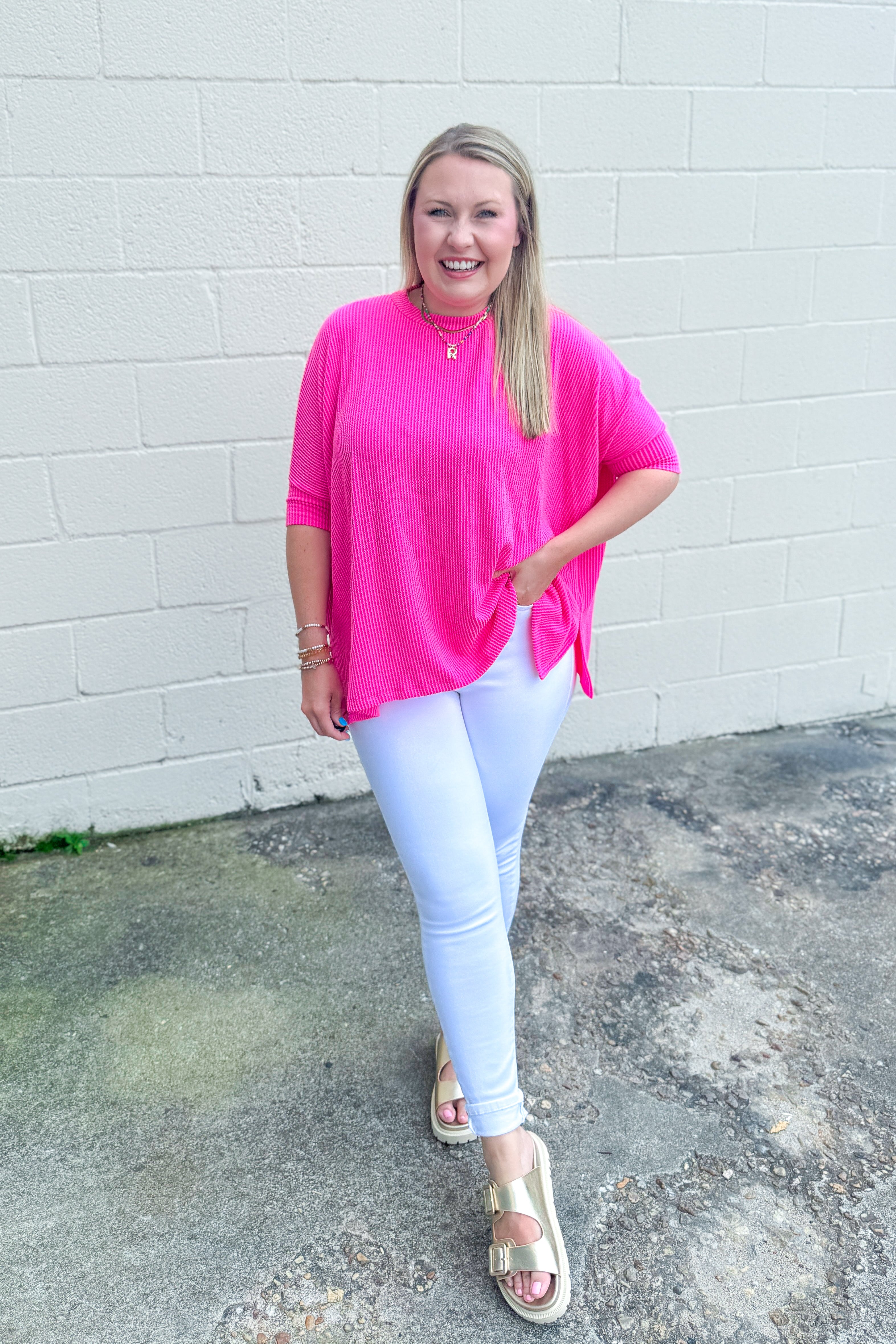 Tatum Ribbed Oversized Top, Hot Pink