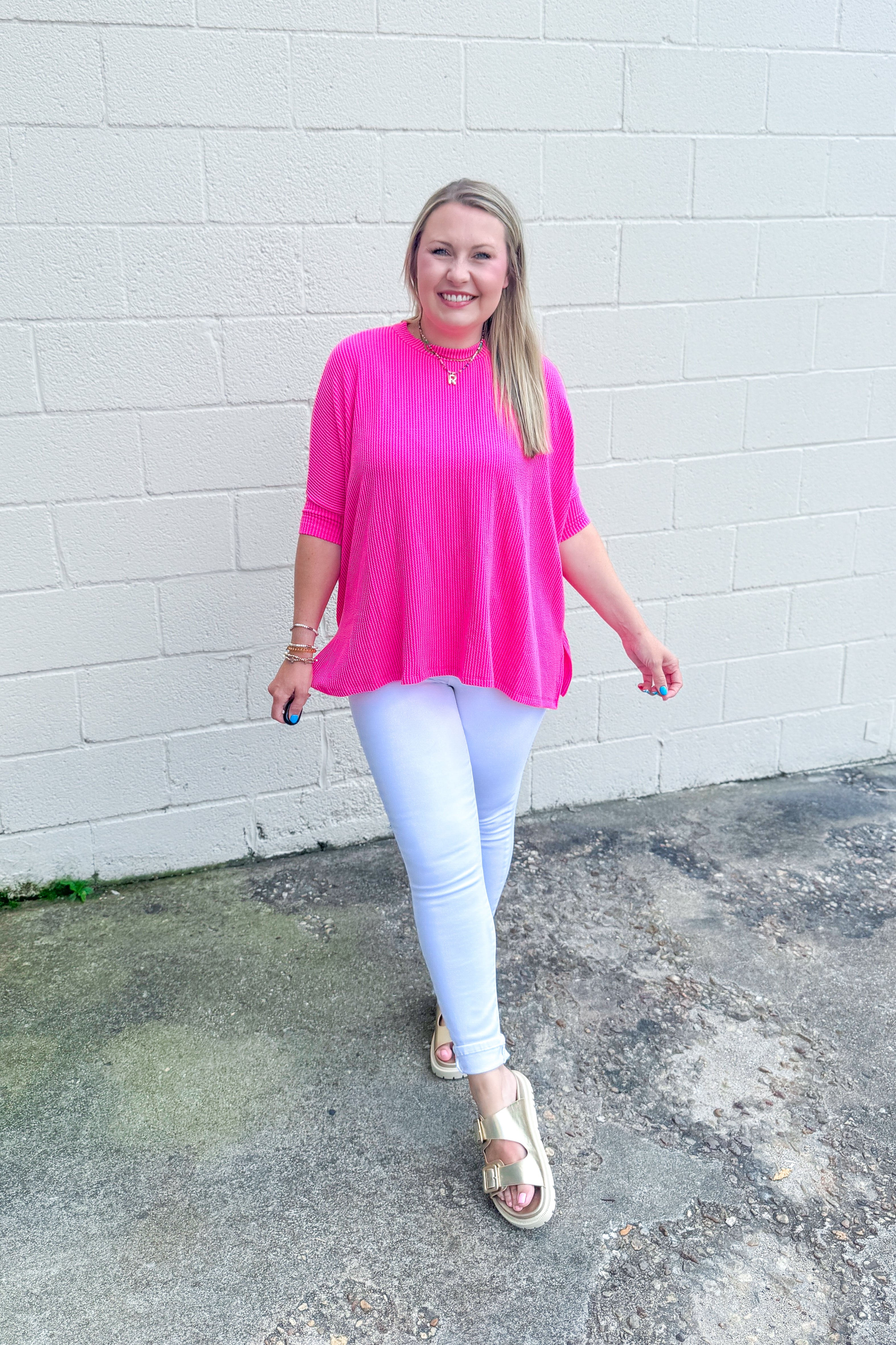 Tatum Ribbed Oversized Top, Hot Pink