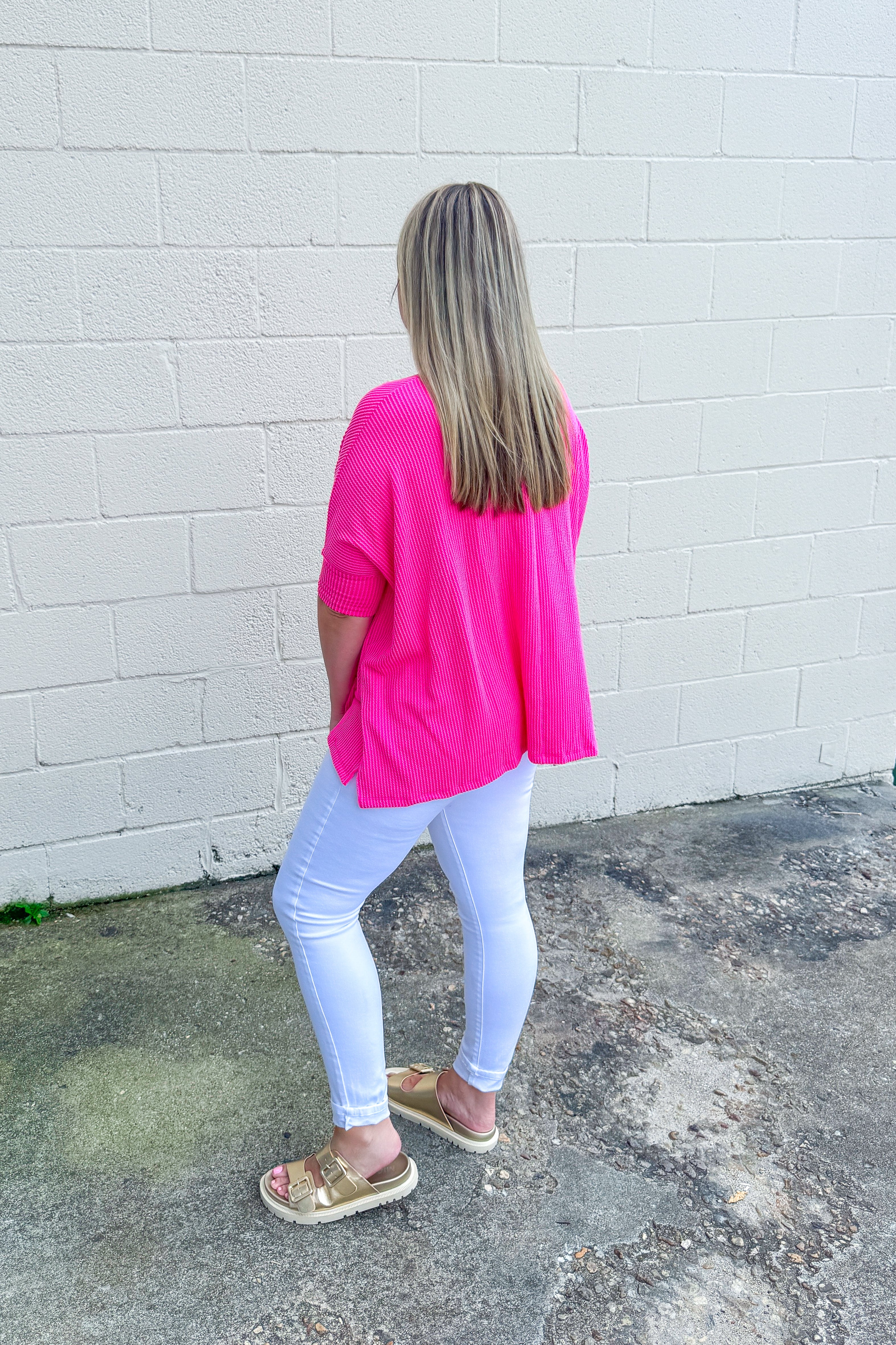 Tatum Ribbed Oversized Top, Hot Pink