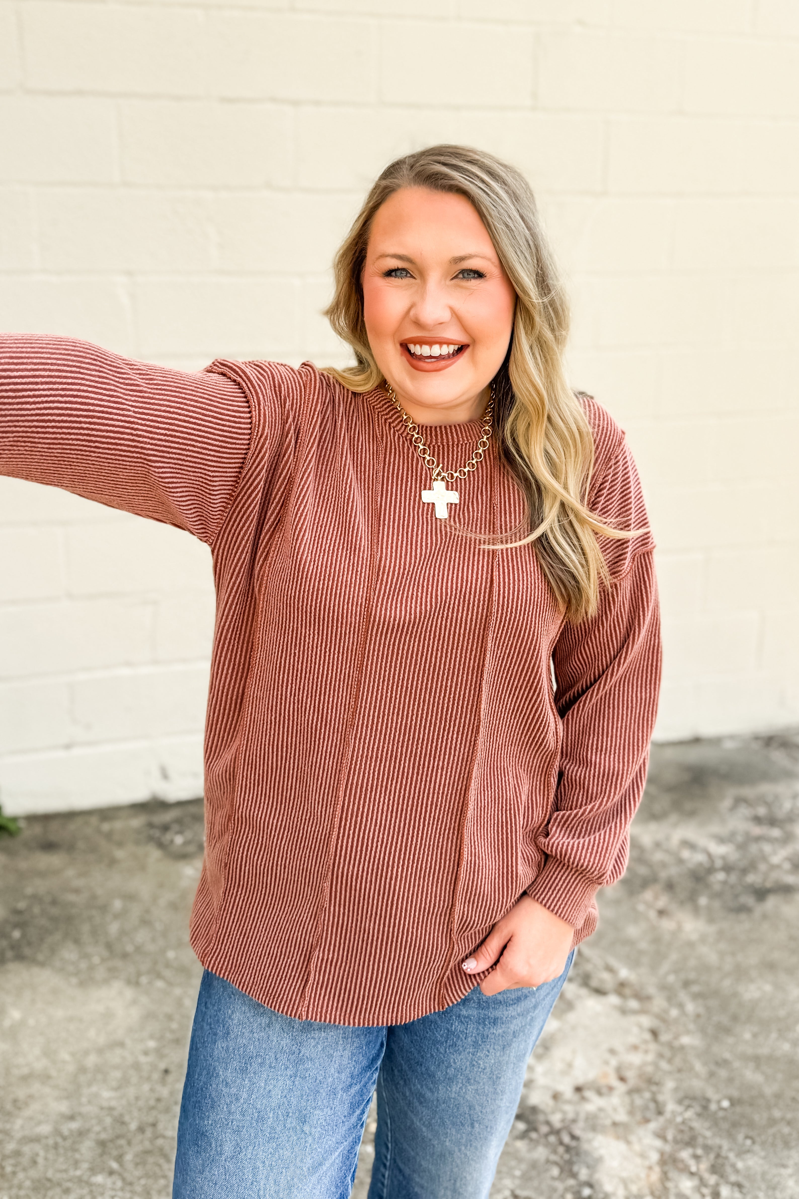 Crisp Morning Ribbed Top, Rust