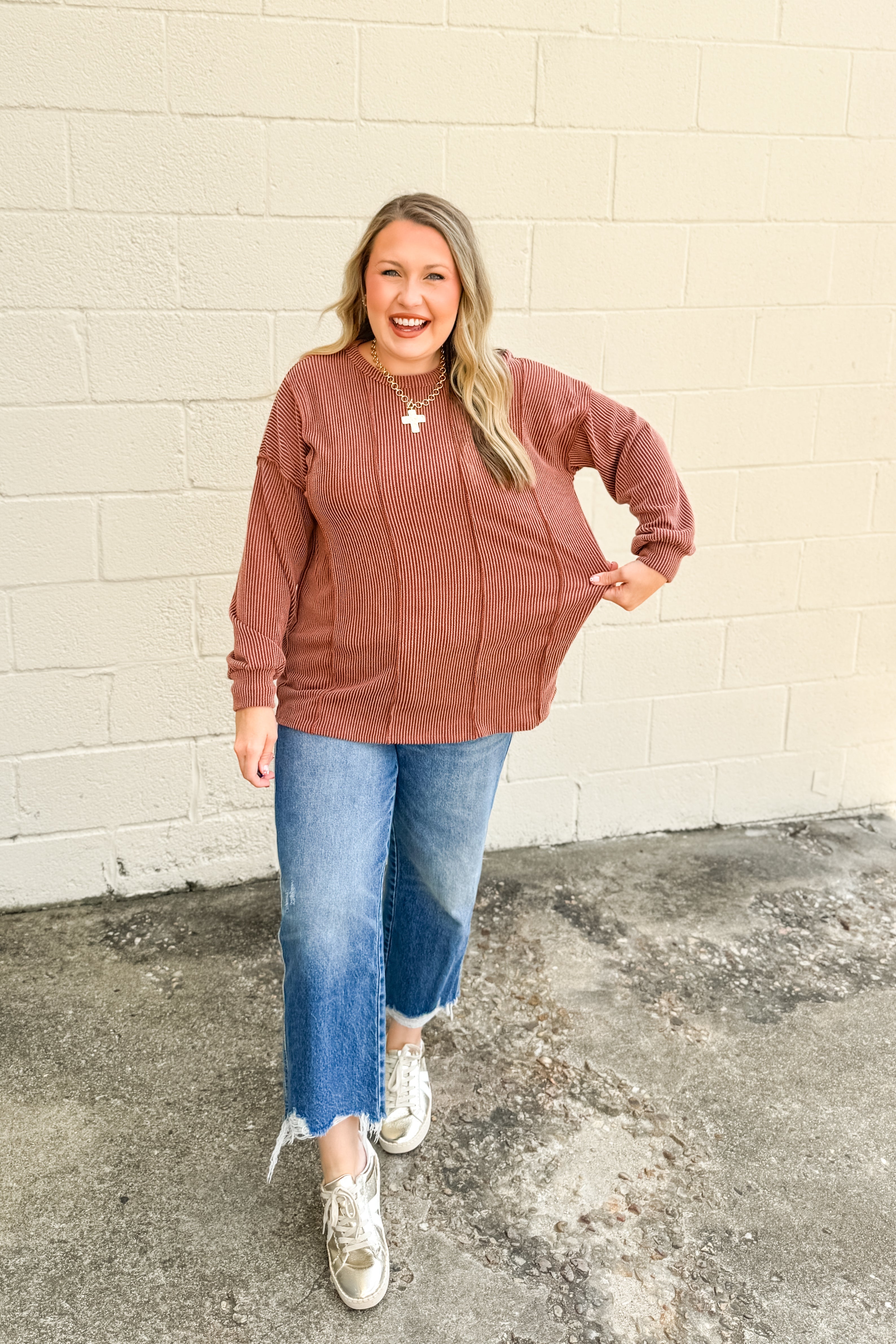 Crisp Morning Ribbed Top, Rust