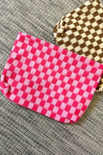 Checkered Zipper Pouch, Pink