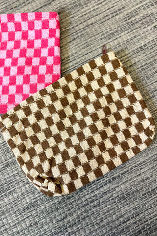 Checkered Zipper Pouch, Brown