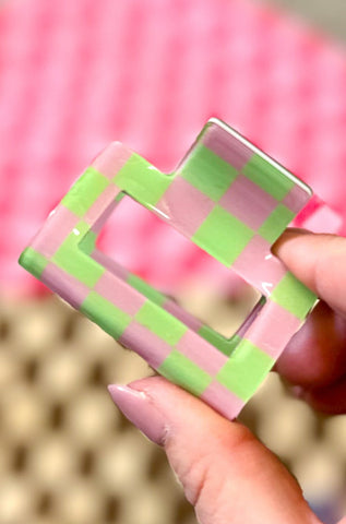 Checkered Acetate Square Hair Clip, Pink/Green