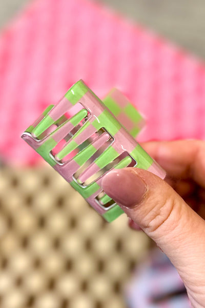 Checkered Acetate Square Hair Clip, Pink/Green