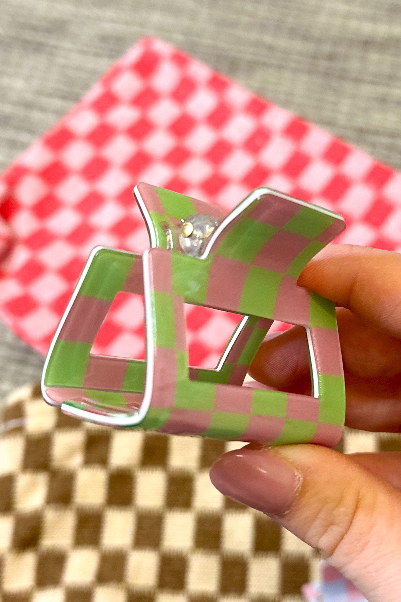 Checkered Acetate Square Hair Clip, Pink/Green