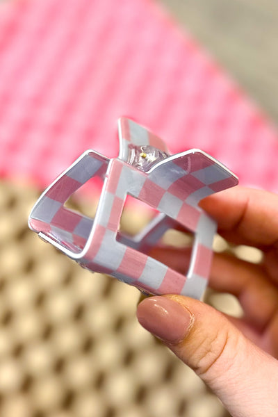 Checkered Acetate Square Hair Clip, Pink/Blue