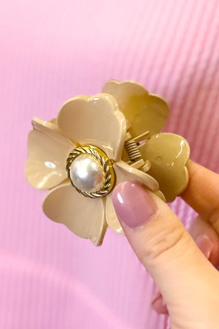 Flower Hair Clip With Pearl, Beige