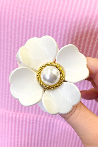 Flower Hair Clip With Pearl, White