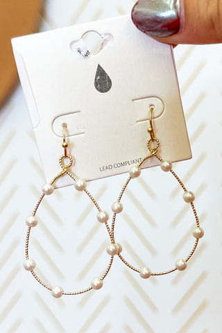 Metal Teardrop Earrings with Pearl Accents, Gold