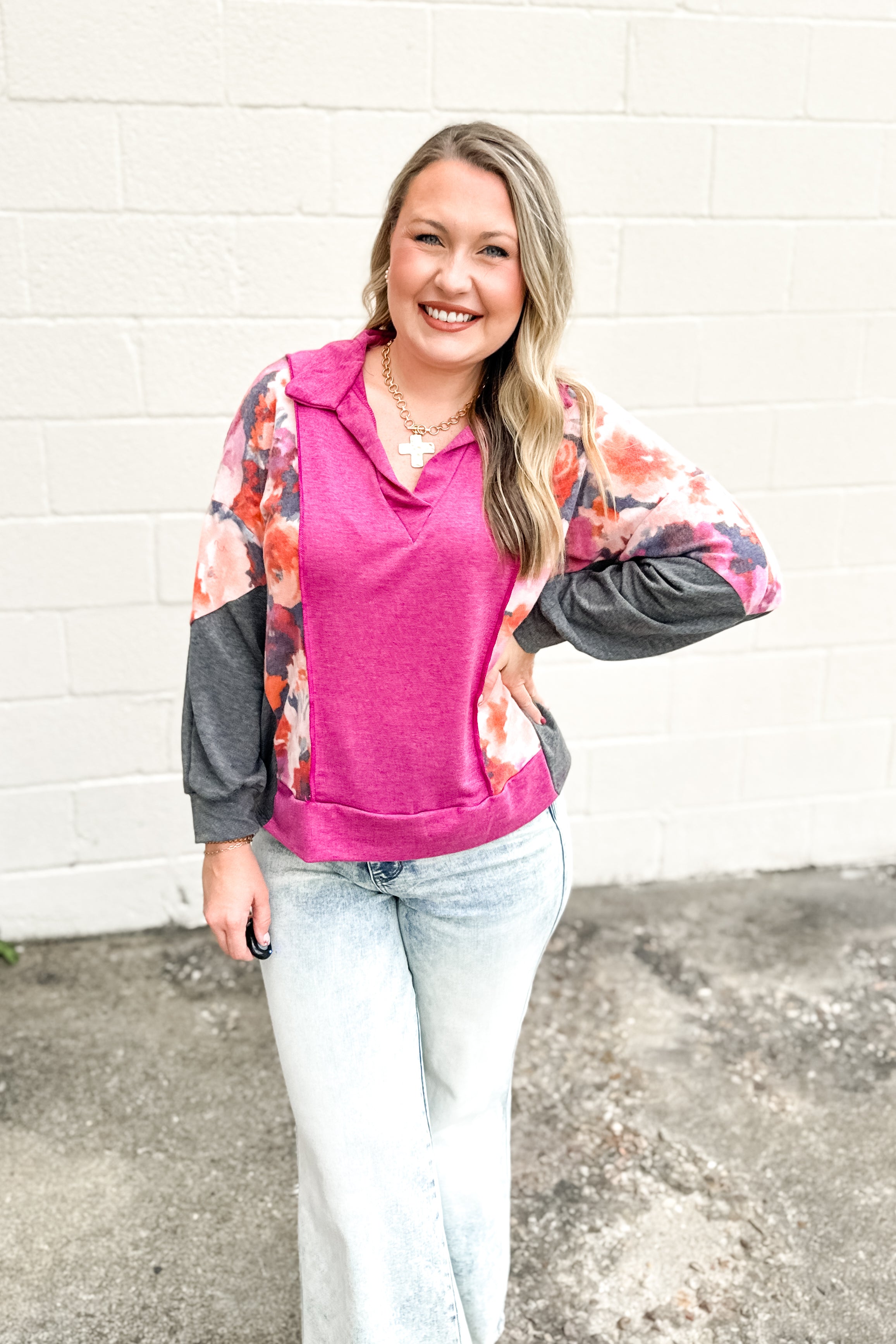 Rosé Garden Collared Pullover Top