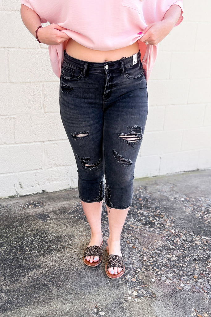 Judy Blue Phoenix Distressed Capri Jeans, Black – Sew Southern Designs