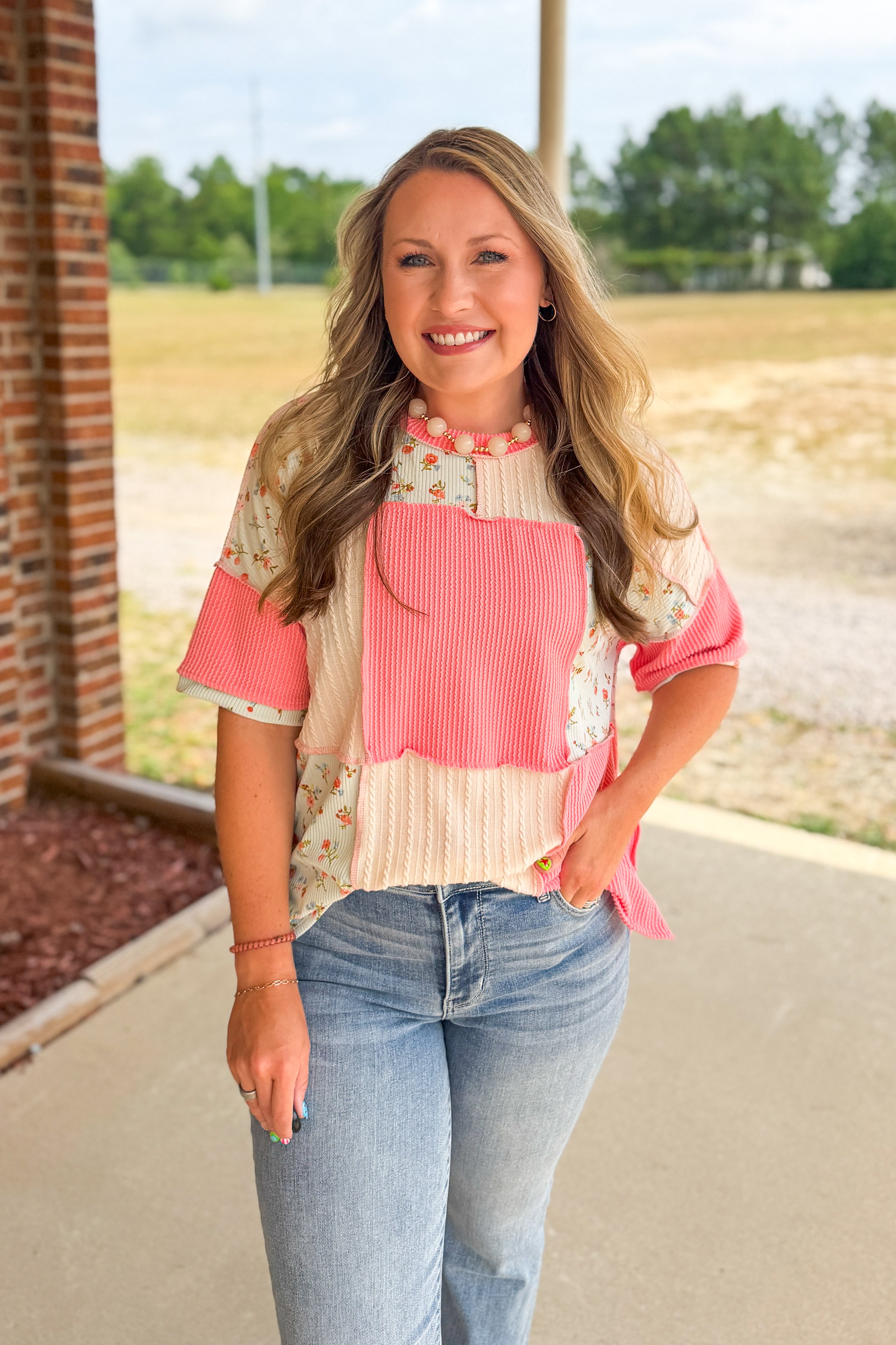 Coral Petals Patchwork Top
