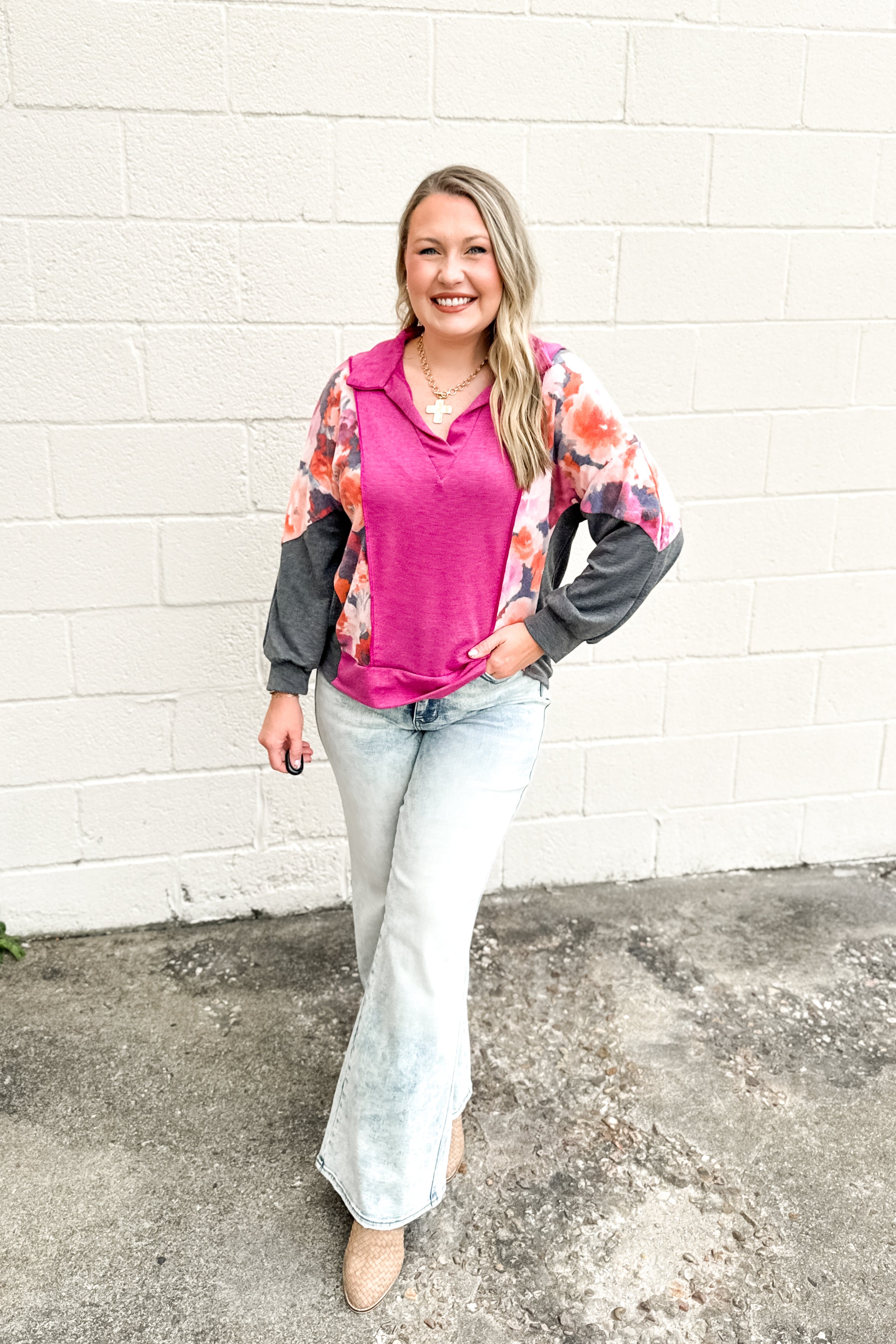 Rosé Garden Collared Pullover Top