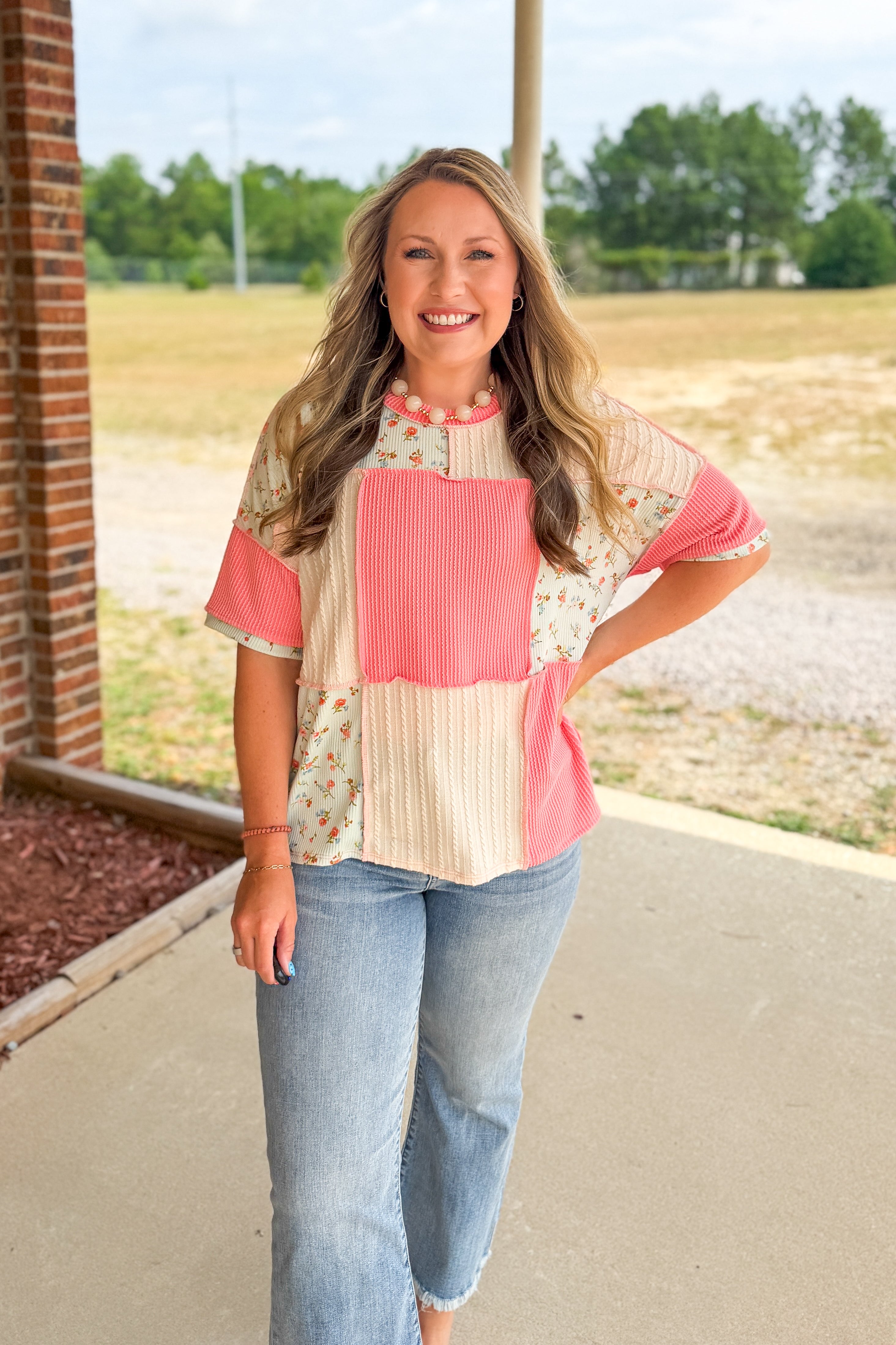 Coral Petals Patchwork Top