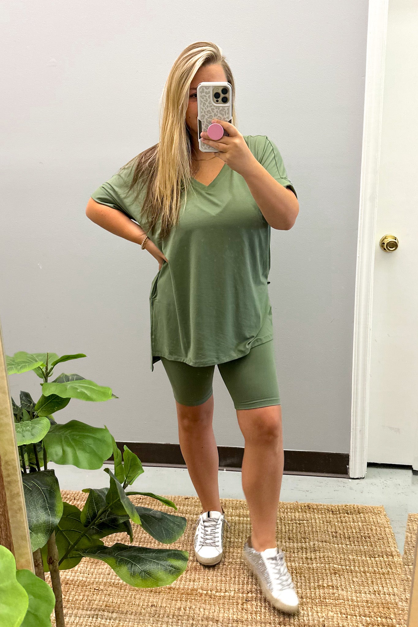 Gotta Get Going Biker Short Set, Light Olive