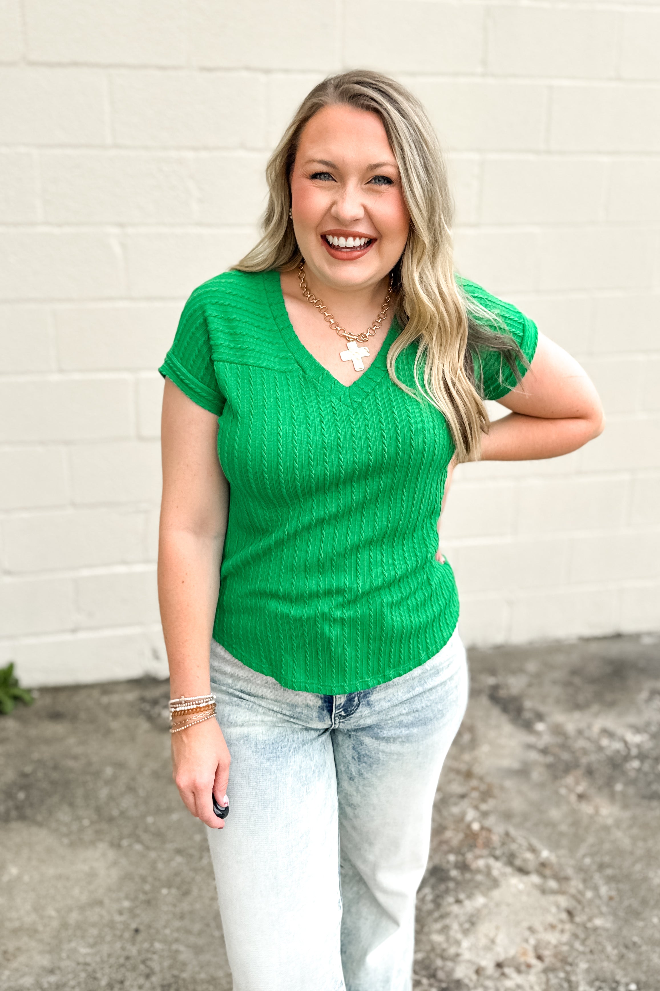 Emerald Cable Knit V-Neck Top, Kelly Green