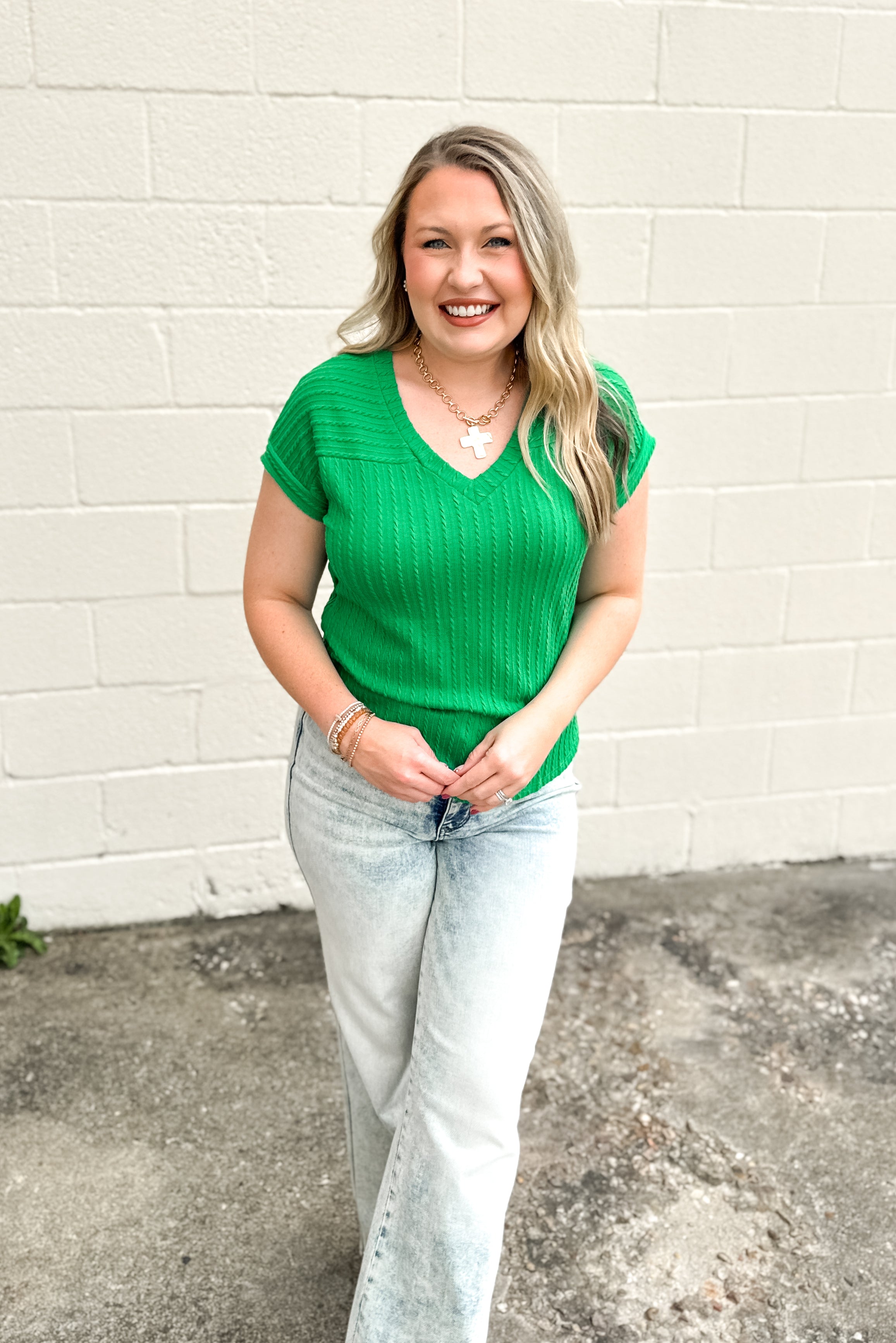 Emerald Cable Knit V-Neck Top, Kelly Green