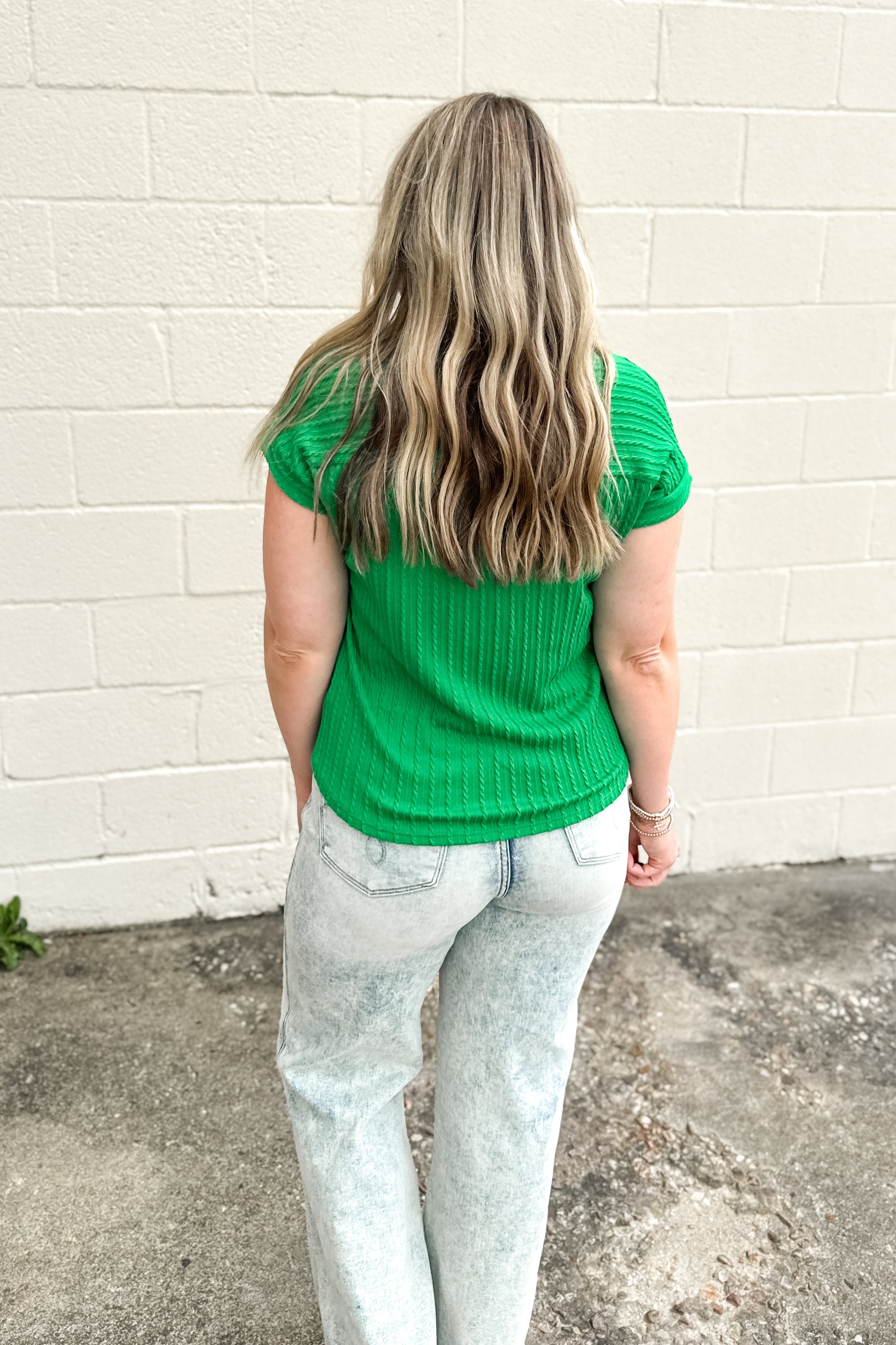 Emerald Cable Knit V-Neck Top, Kelly Green