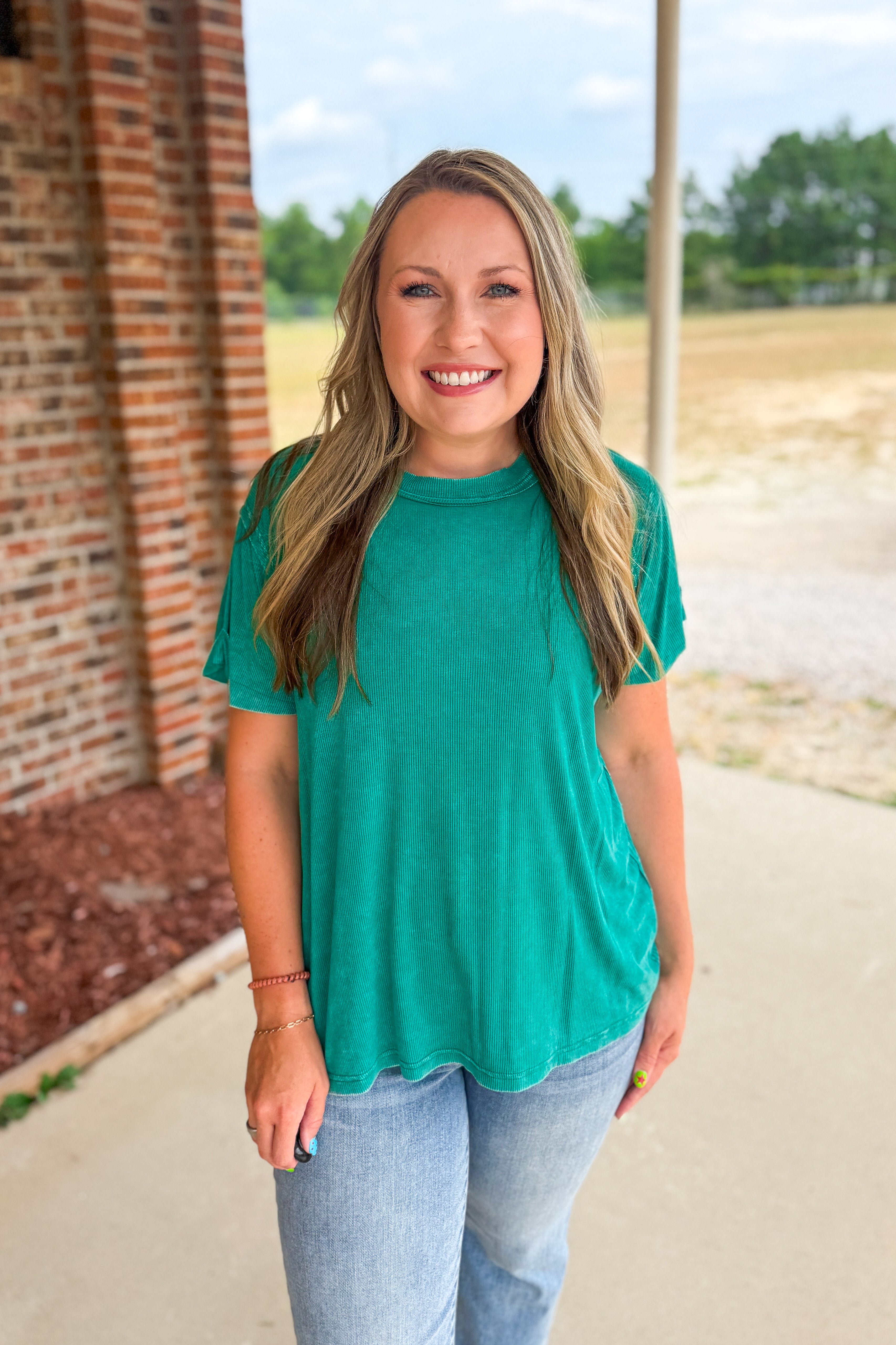 Heather Washed Ribbed Boat-Neck Top, Kelly Green