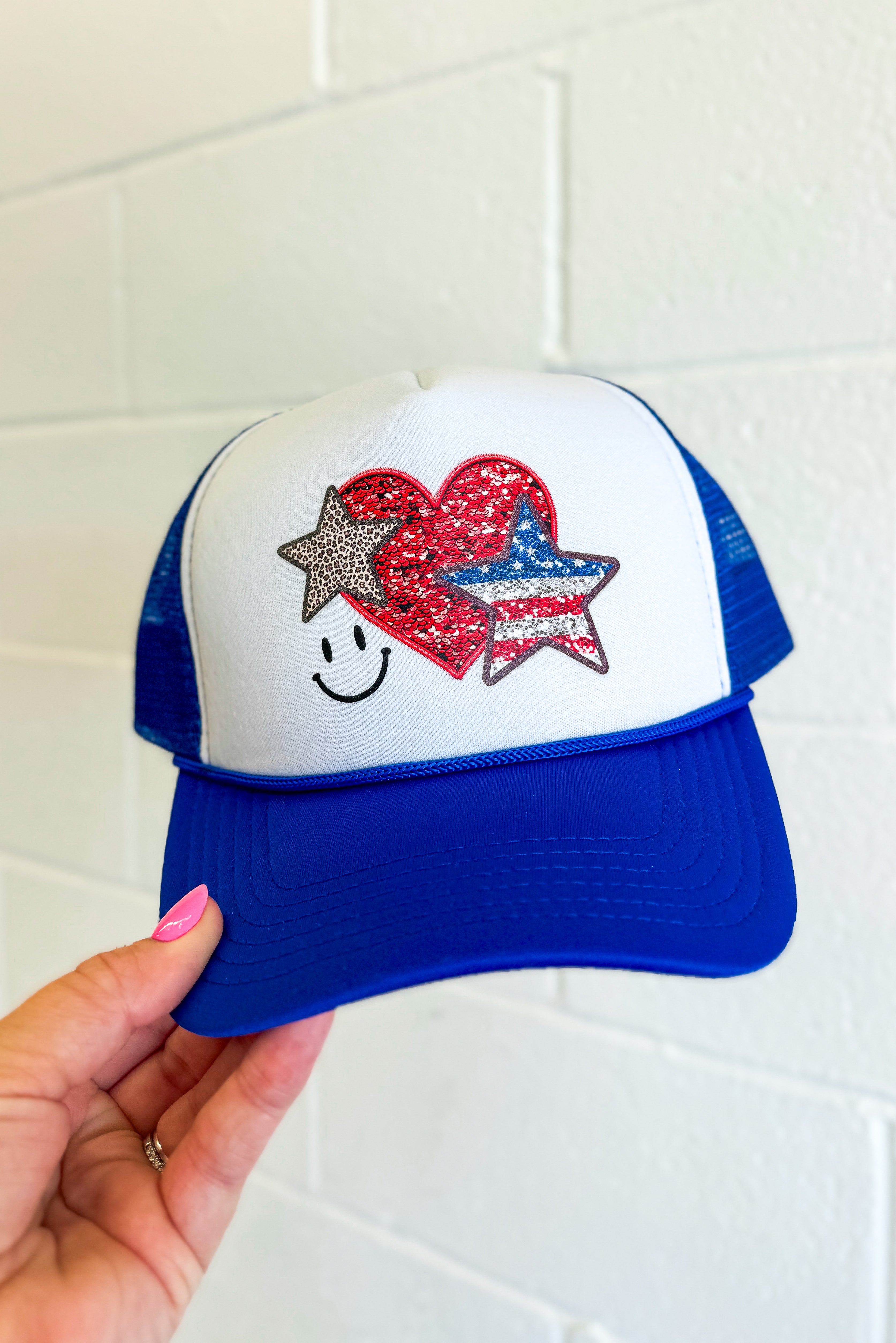 Sequin Patriotic Fake Patch Foam Trucker Hat