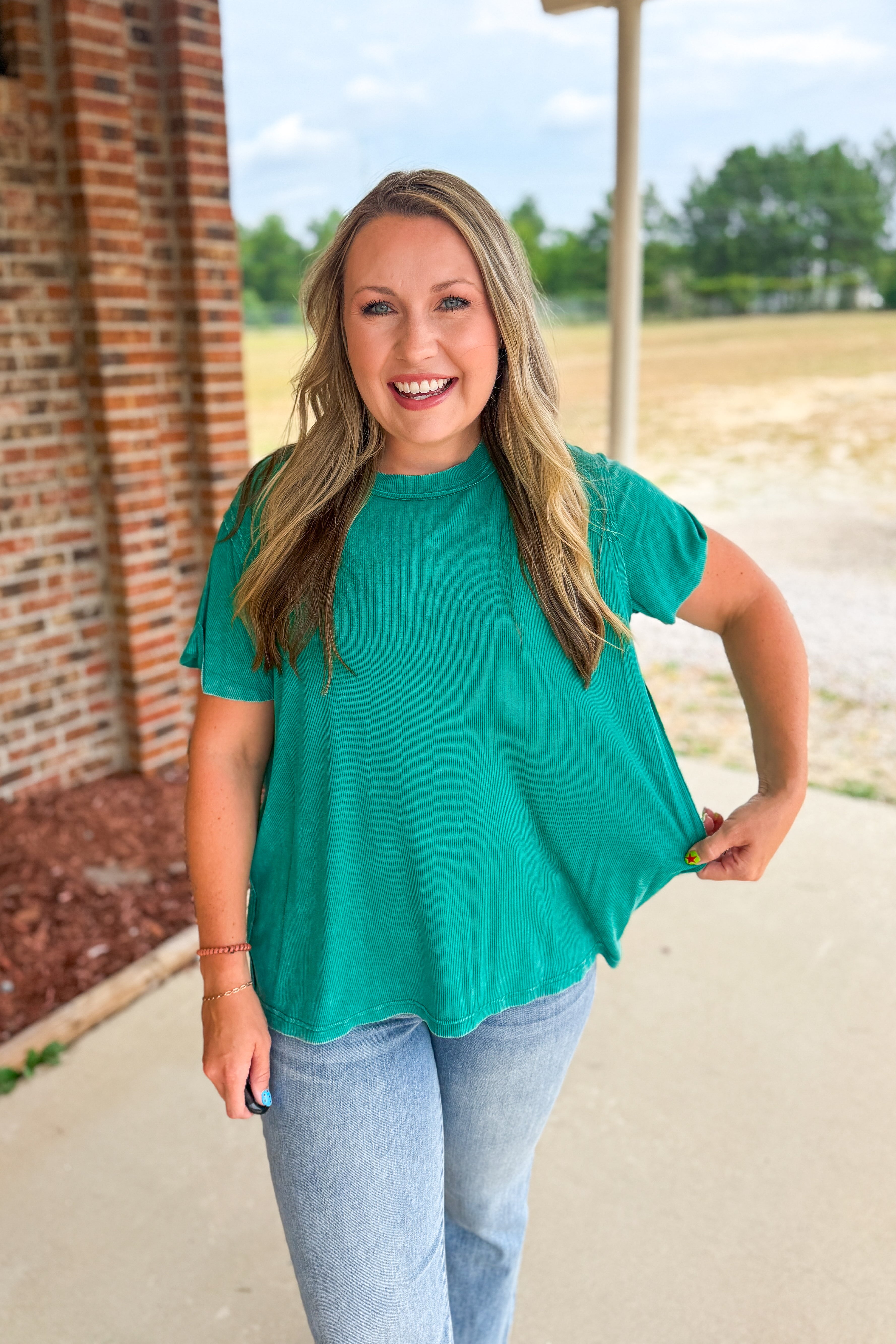 Heather Washed Ribbed Boat-Neck Top, Kelly Green