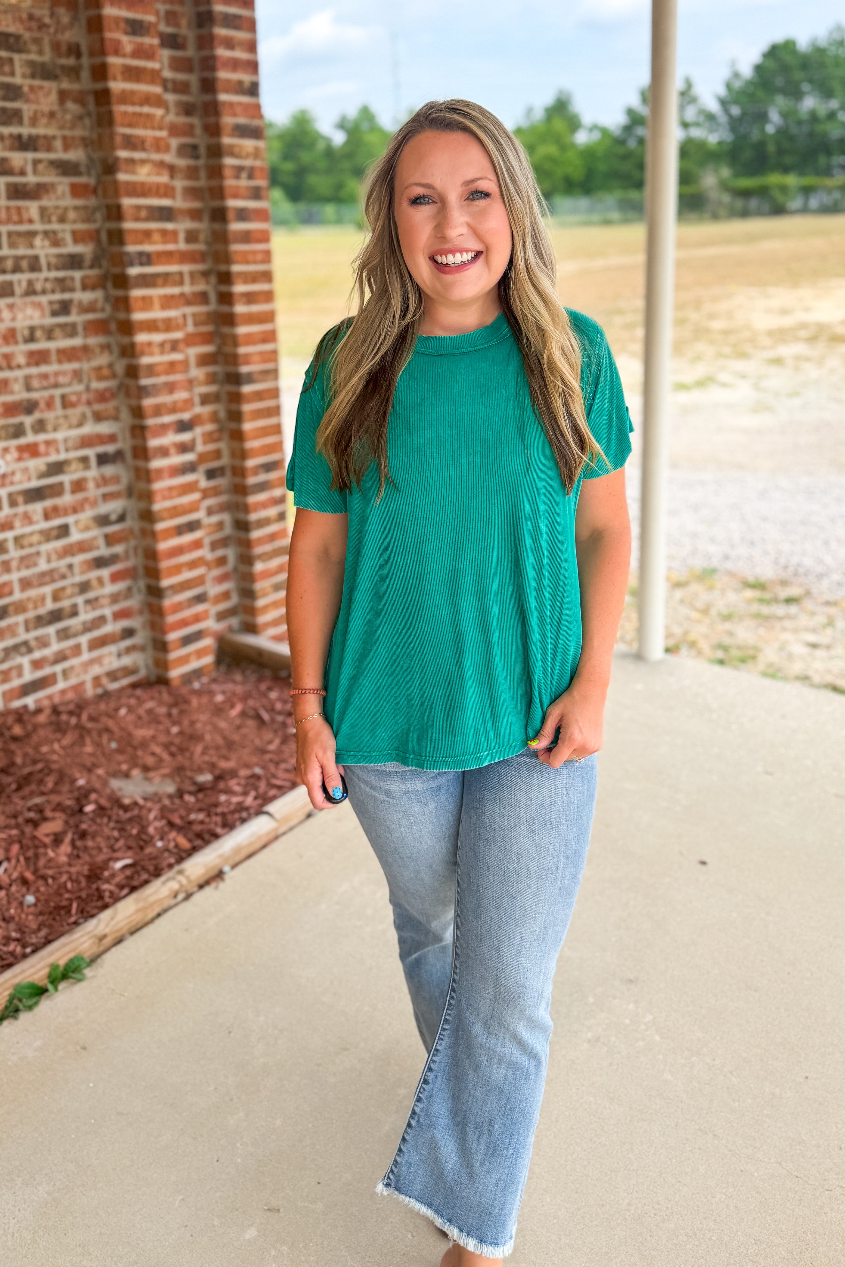 Heather Washed Ribbed Boat-Neck Top, Kelly Green