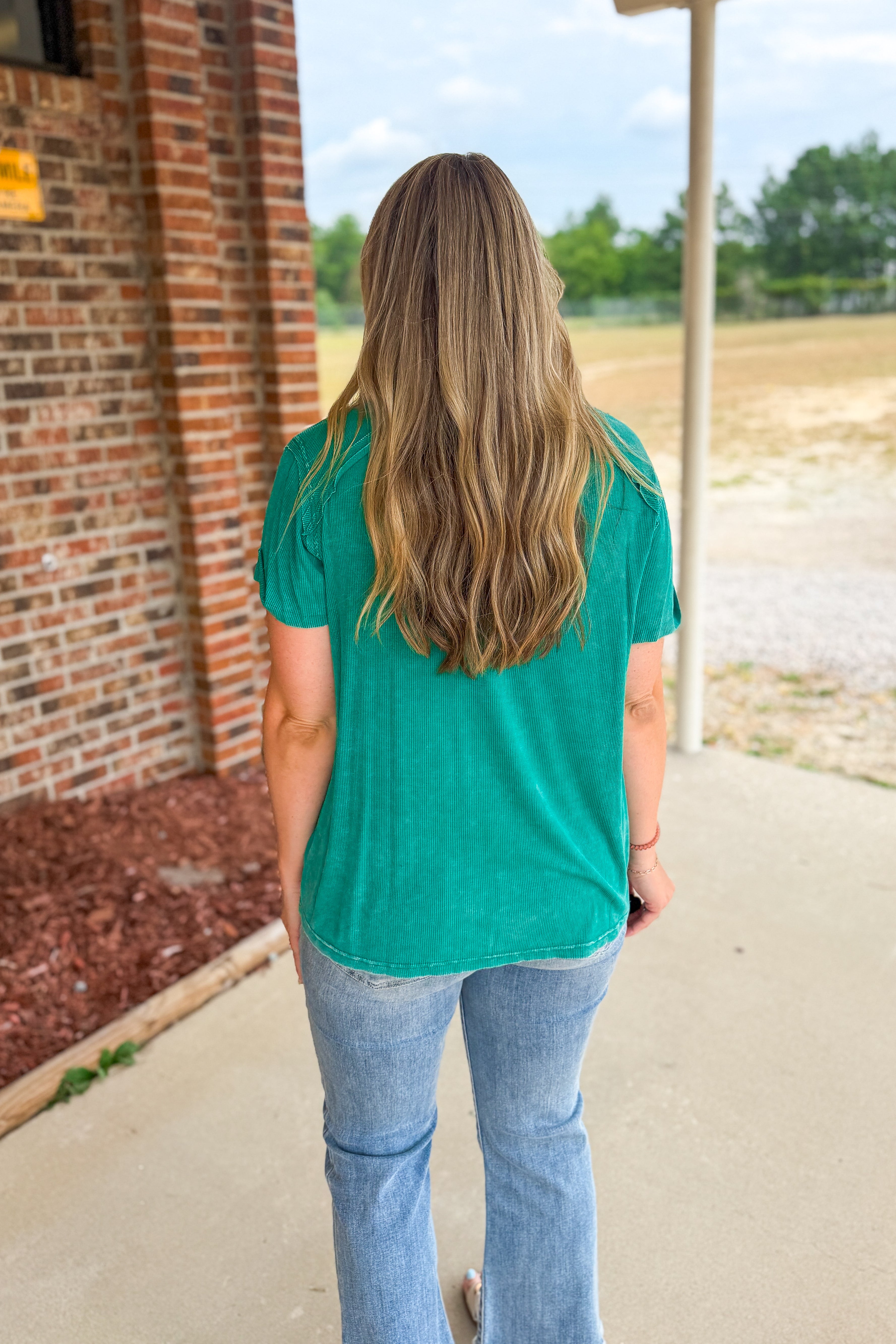 Heather Washed Ribbed Boat-Neck Top, Kelly Green