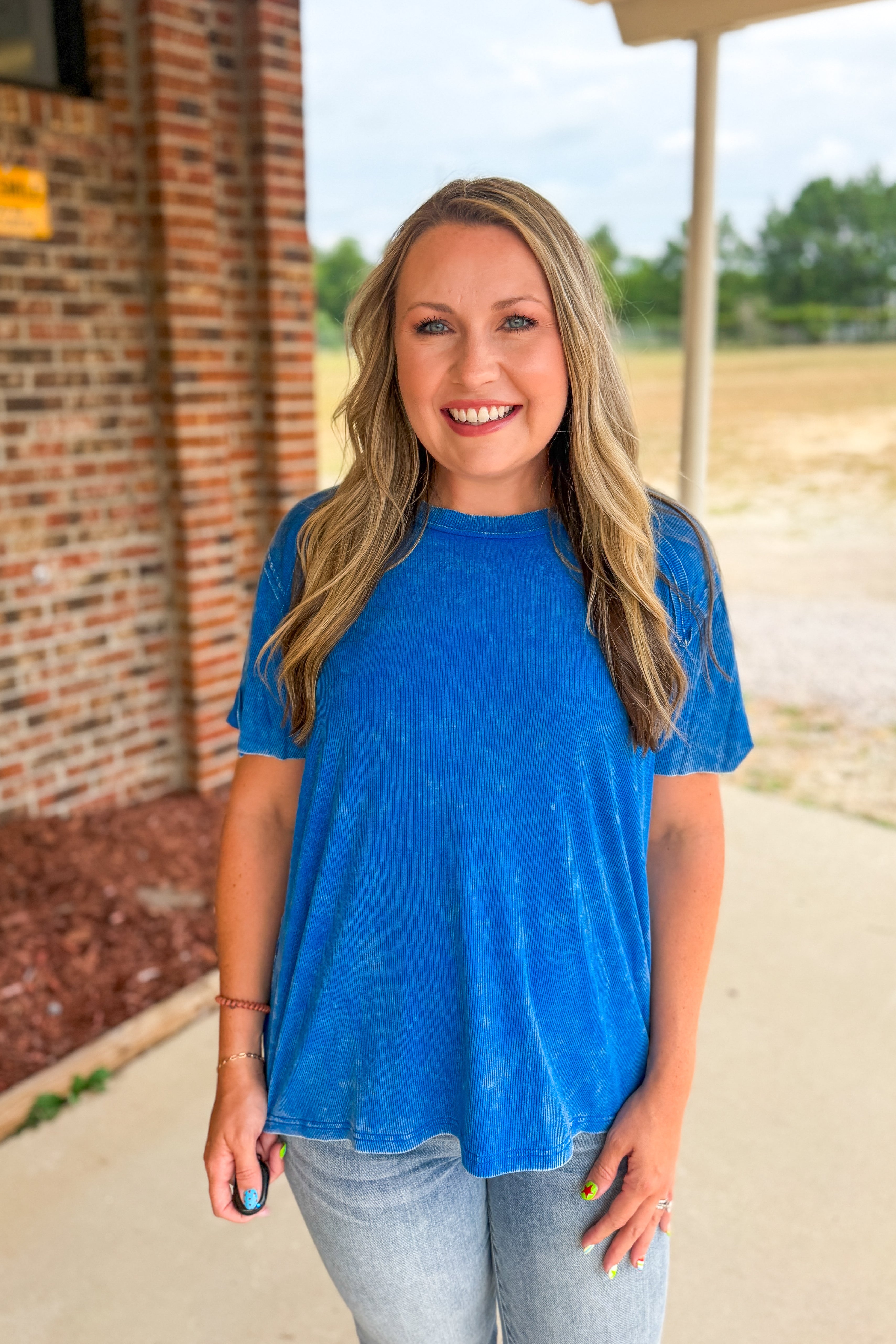 Heather Washed Ribbed Boat-Neck Top, Ocean Blue