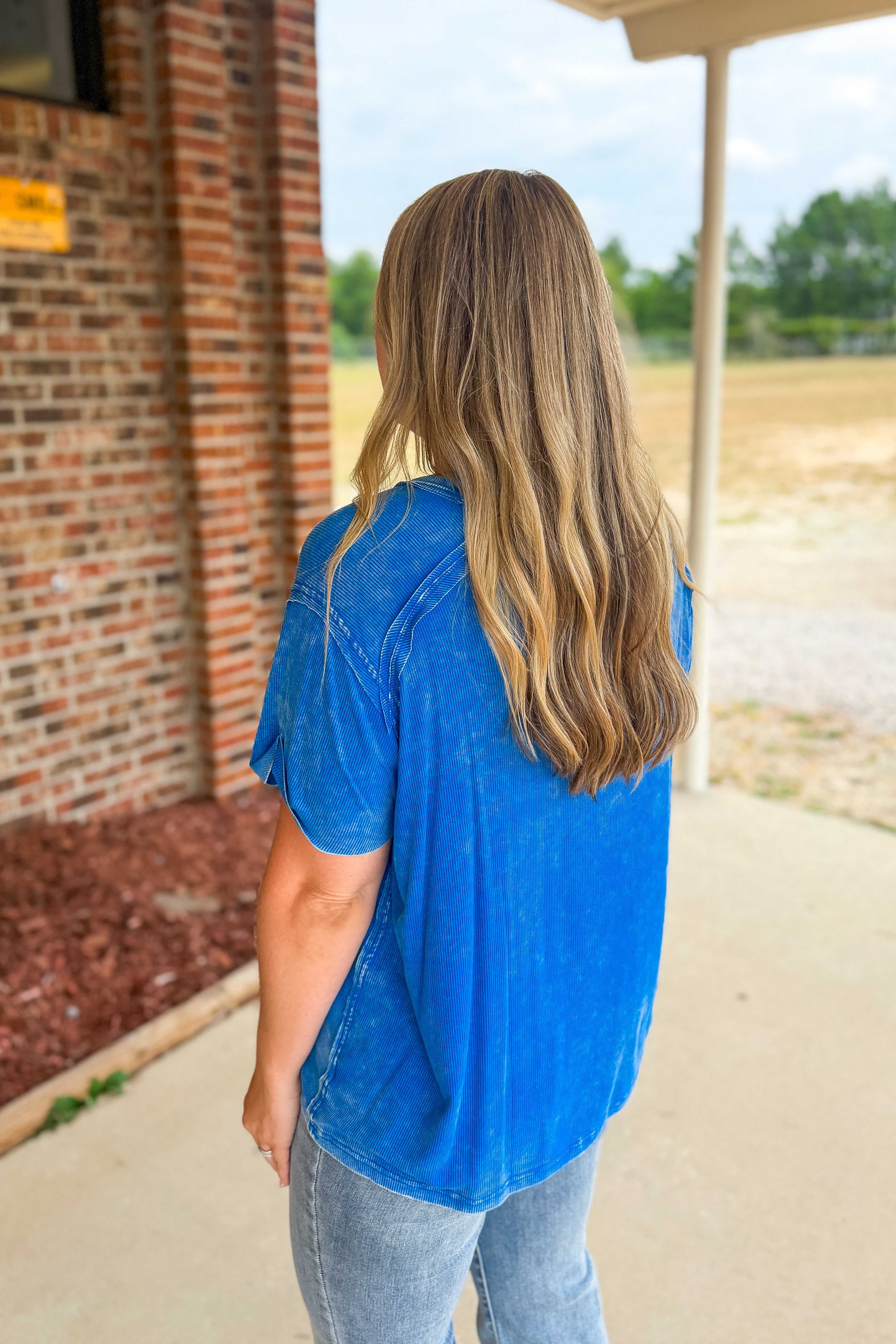 Heather Washed Ribbed Boat-Neck Top, Ocean Blue