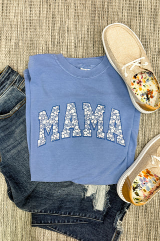 Navy Floral Mama Graphic Tee, Washed Denim