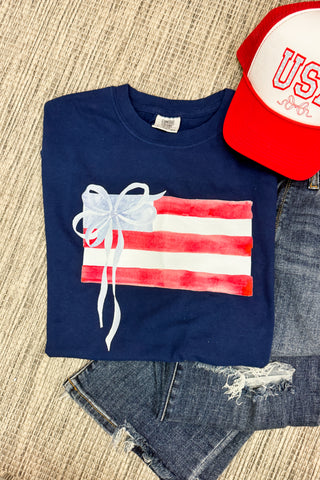 Watercolor USA Bow Flag Graphic Tee, True Navy
