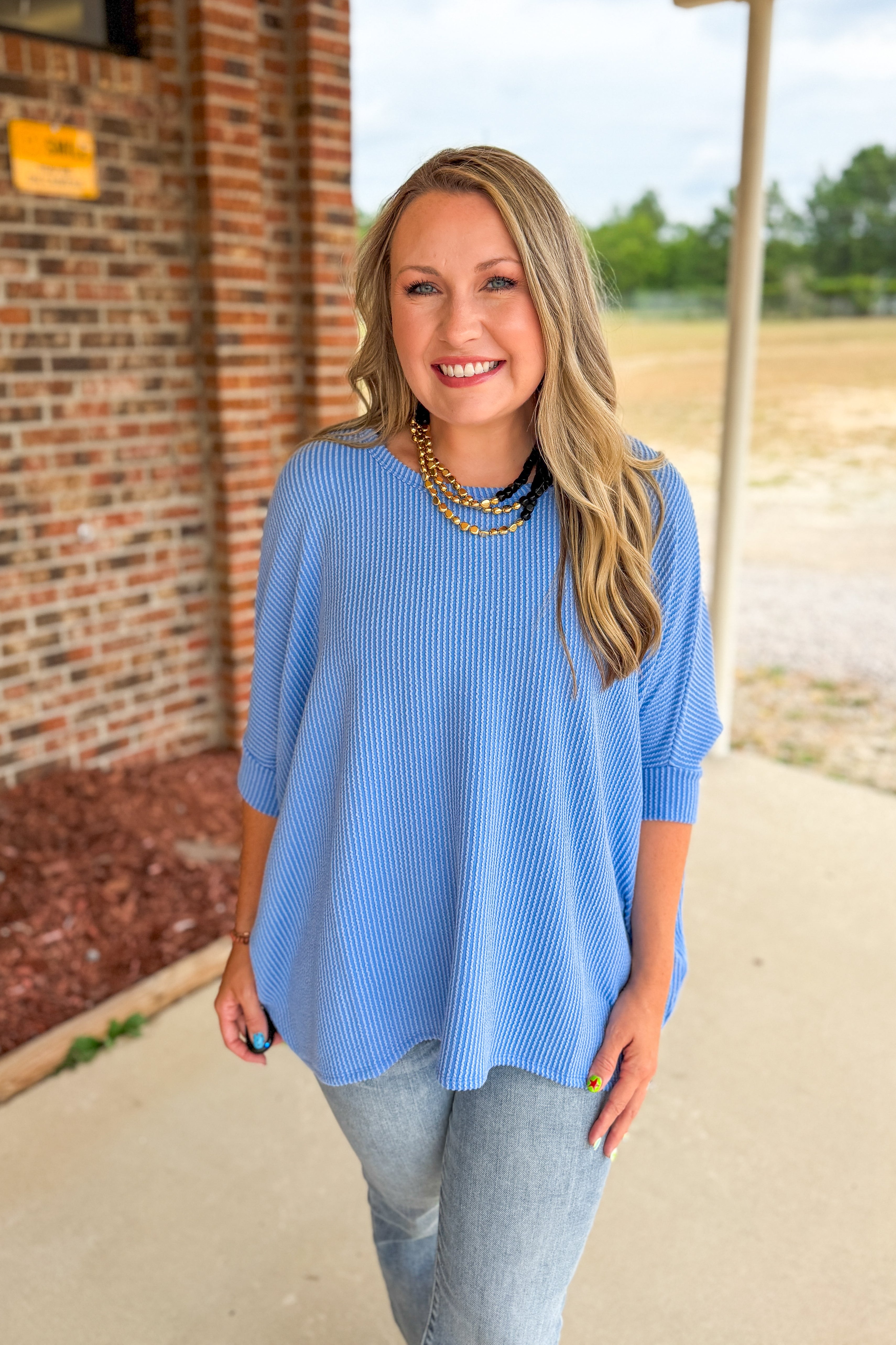 The Presley Ribbed Dolman Top, Blue