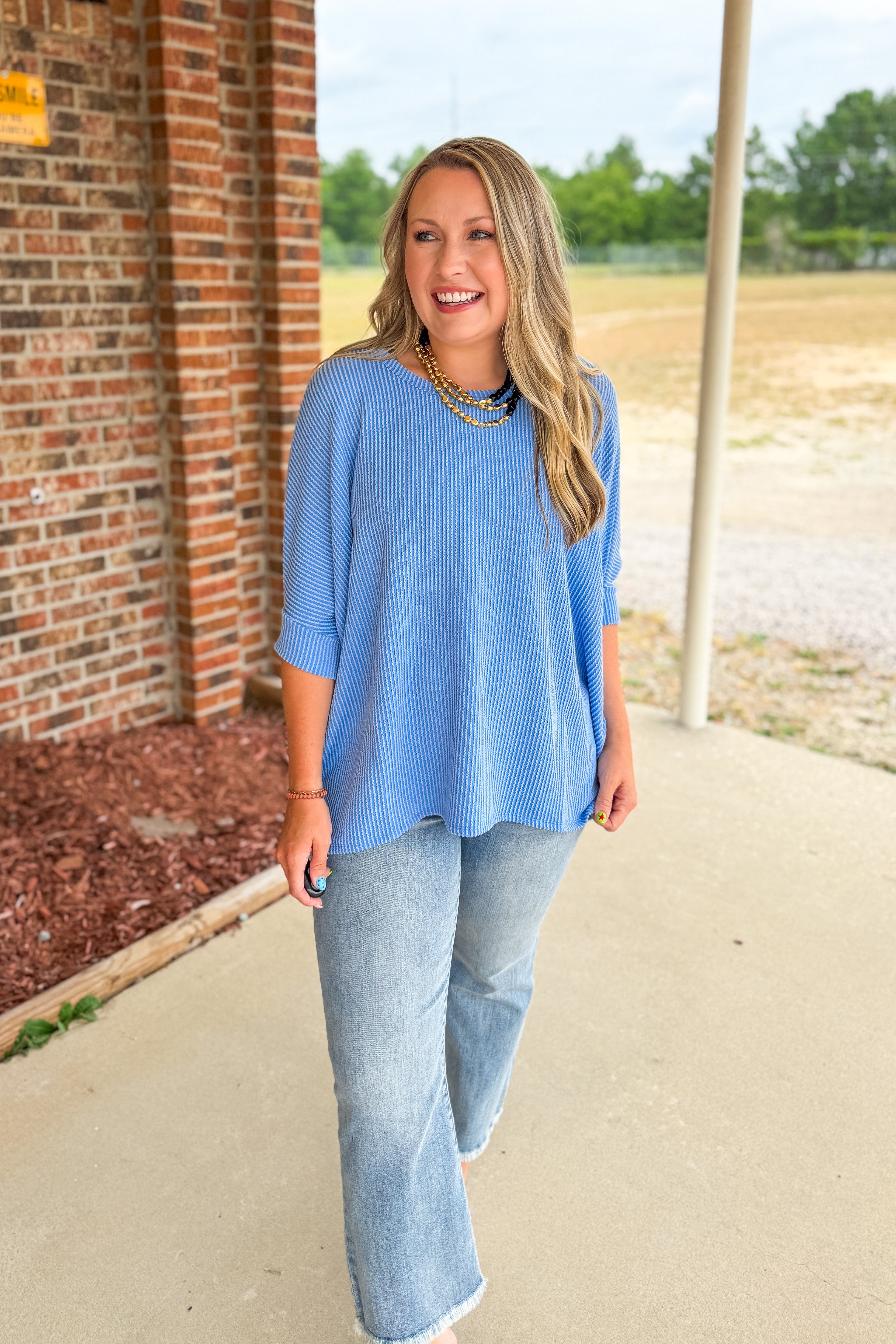 The Presley Ribbed Dolman Top, Blue