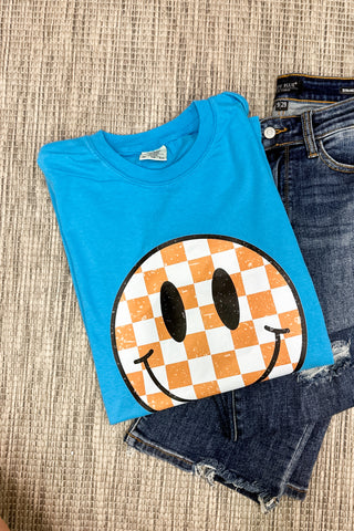Neutral Checker Happy Face Graphic Tee, Sapphire