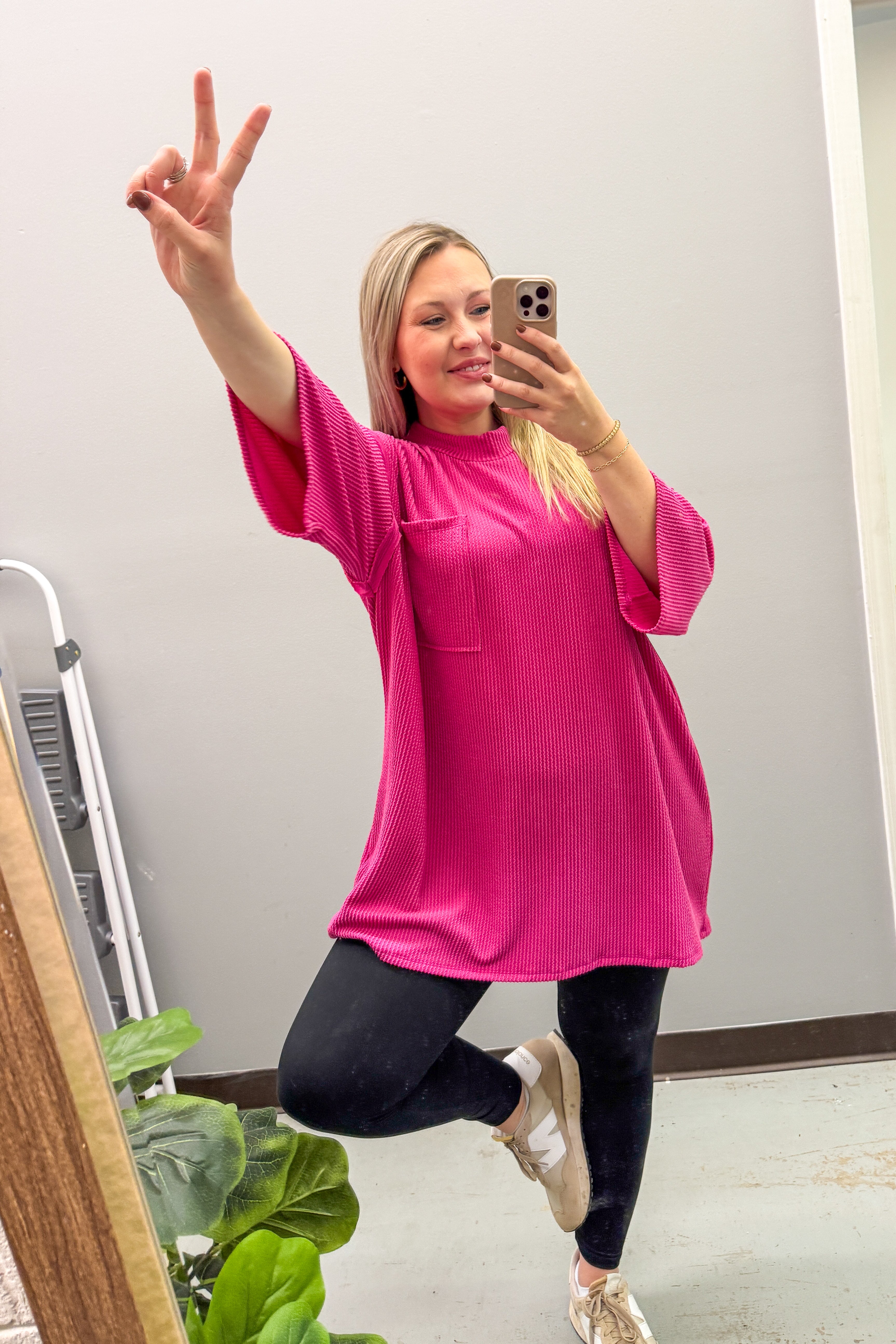 Marcy Oversized Ribbed Tunic Top, Hot Pink