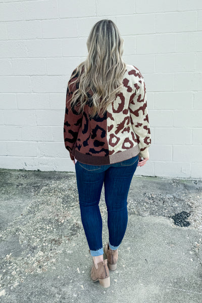 Come Closer Colorblock Leopard Button Sweater Top